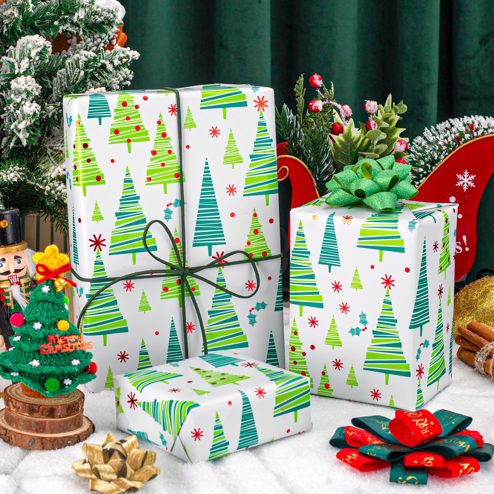 Yarcony Weihnachts-Geschenkpapierrolle – 43 cm x 10 m – modernes grünes Weihnachtsbaum-Geschenkpapier mit minimalistischem Design, Metallfolie, Geschenkpapier für Weihnachten, Party, Geburtstag