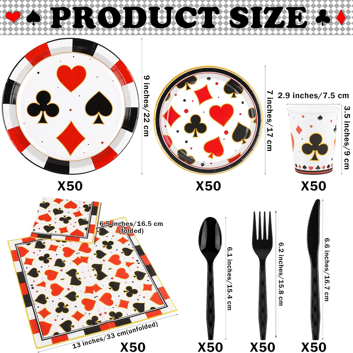 durony 350 Pieces Casino Print Party Tableware Set Including Casino Party Plates Cups Napkins Knives Forks Spoons Serves 50 for Poker Club Casino Theme Party Decorations