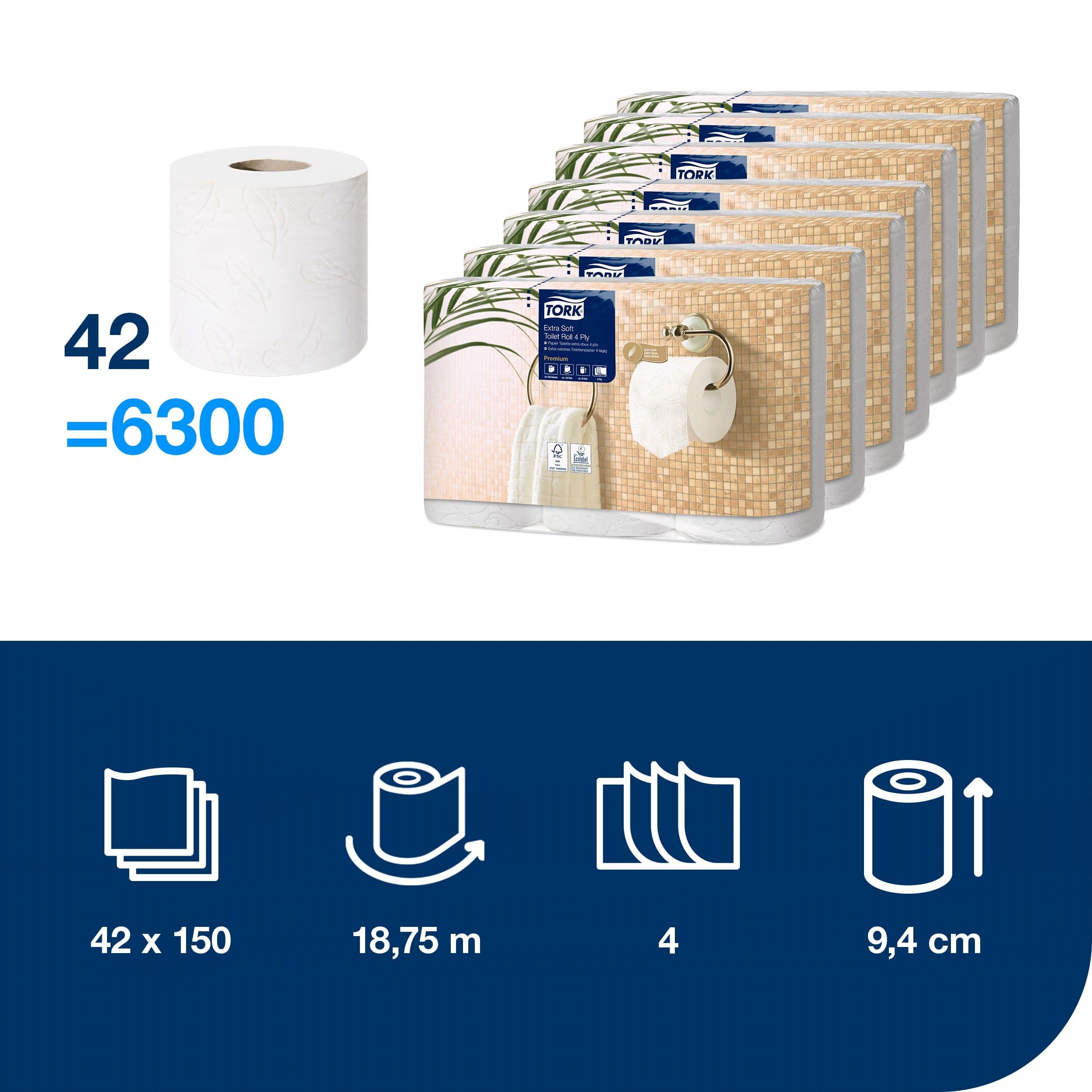 Tork Carta igienica convenzionale extra morbida, 4 veli, bianco T4, Premium, 42 × 150 fogli, 110406