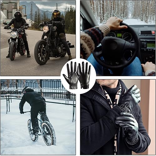 Miniatura 6 de Long Keeper Guantes de cuero de invierno para hombre, color negro, cálido, ciclismo, conducción, motocicleta, pantalla táctil, guantes de mensajes