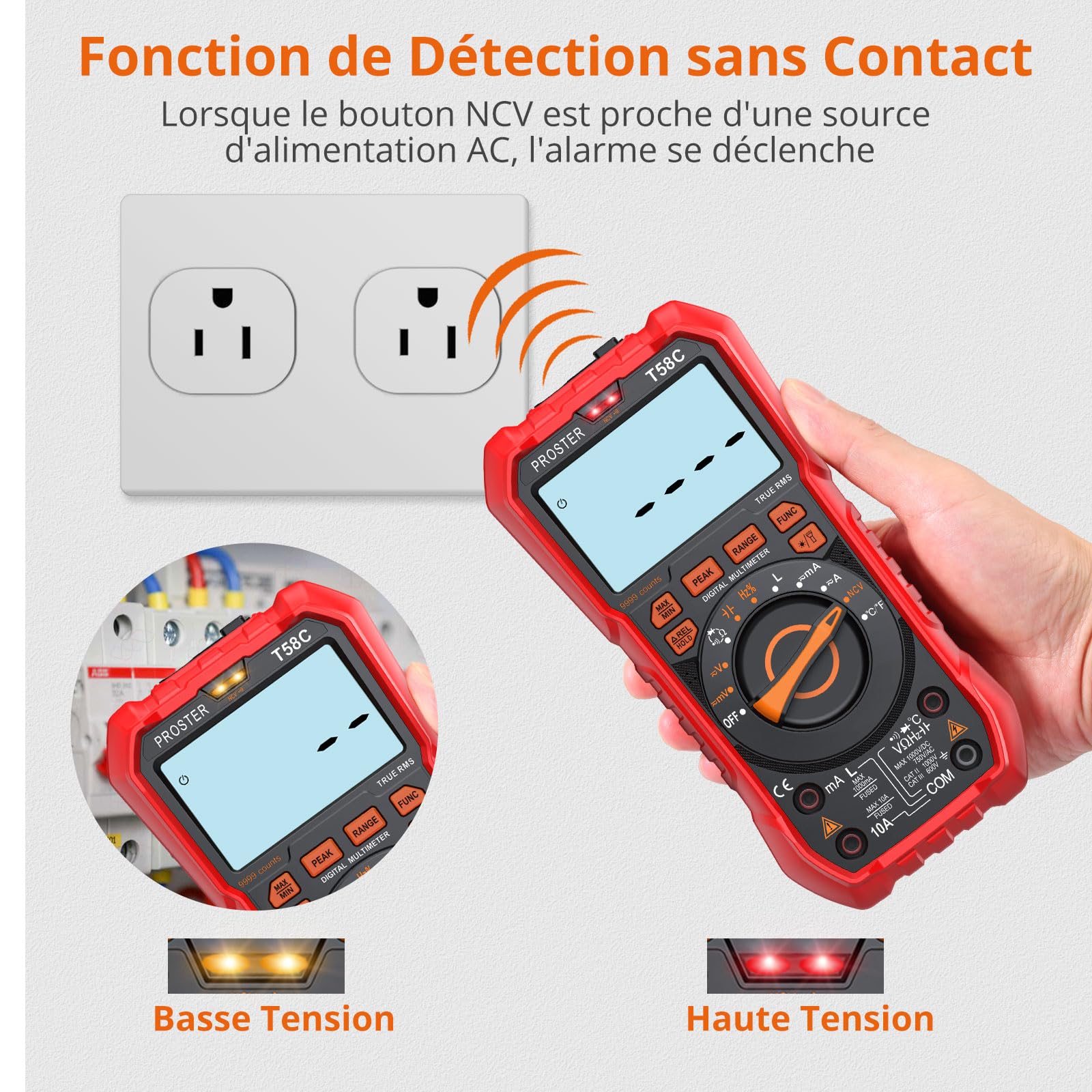Proster Multimètre Numérique Automatique 9999 Comptes TRMS NCV - Testeur Électrique Inductance, Rappel de Prise, Voltmètre Ampèremètre AC/DC, Tension Courant Capacité Température, Peak - Électricien