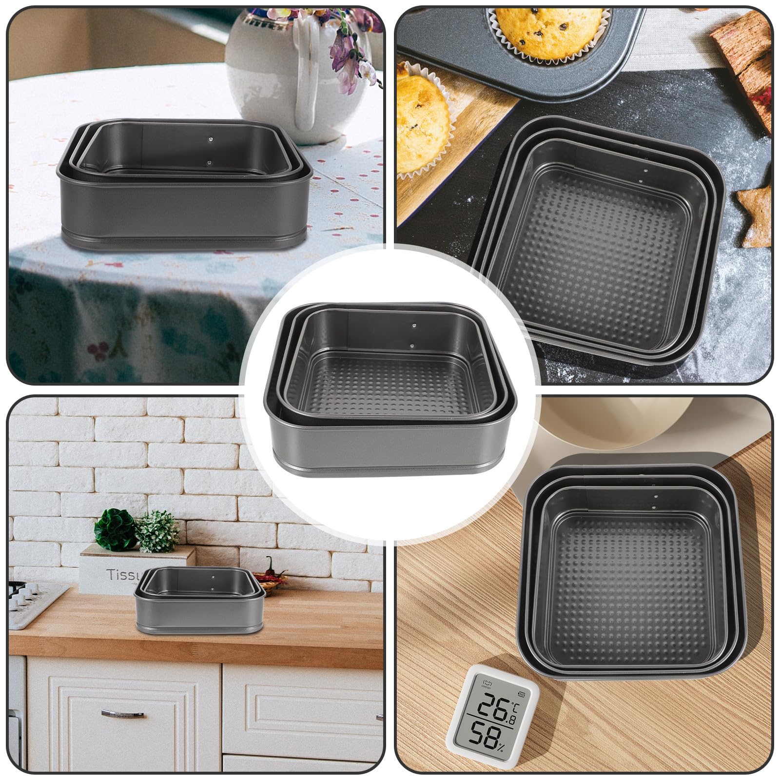 3 Piezas Molde Cuadrado para Tartas de Acero al Carbono Función de Horneado Rápido y Apto para Congelador, Adecuado para Fiestas y Uso en Casa