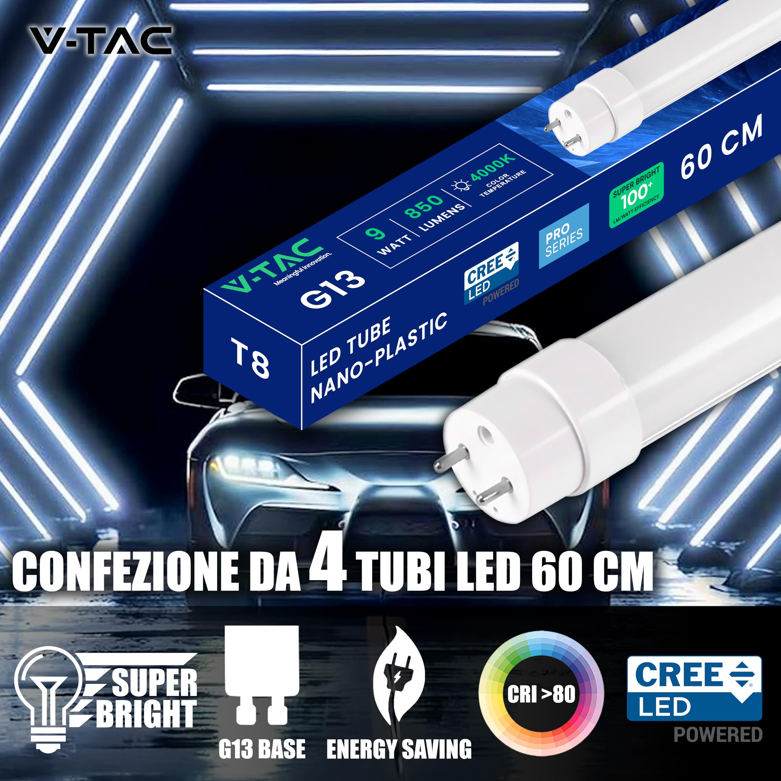 V-TAC 4 x lampa LED 60 cm – G13-9 W – [Chip CREE LED o wysokiej wydajności] 850 lumenów – lampa LED do sufitu, ściany lub garażu – rura LED w kształcie T8 – wymiana neonu – naturalne światło 4000 K