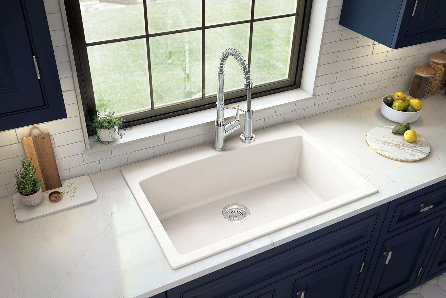 Karran QT-712 33 Inch Drop-In Quartz Composite Single Bowl Kitchen Sink, Top Mount, 1-Hole, Heat & Scratch Resistant, Easy Clean, White