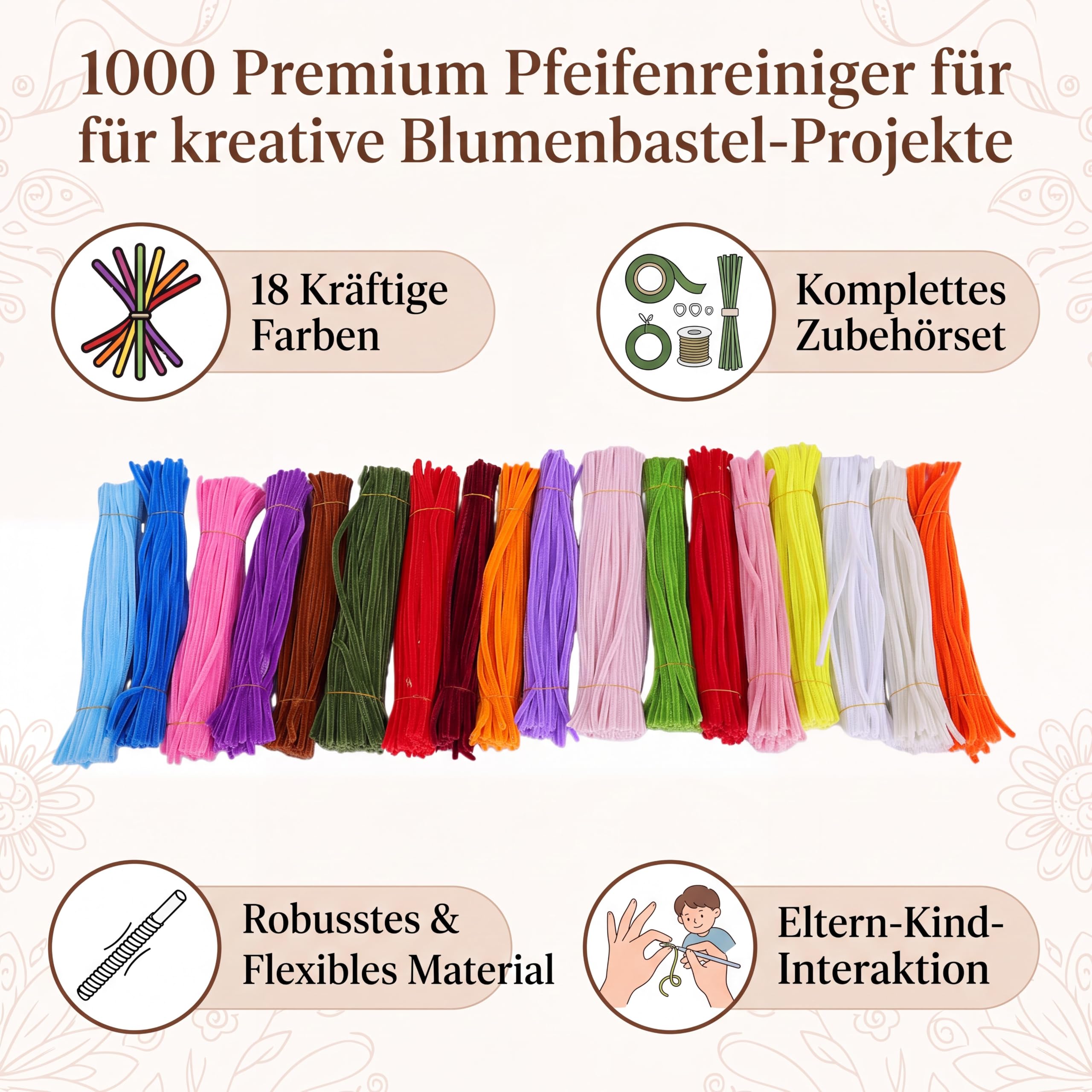 Zestaw do czyszczenia fajek, kwiaty, 1000 sztuk, 18 kolorów, szenilowe pnie