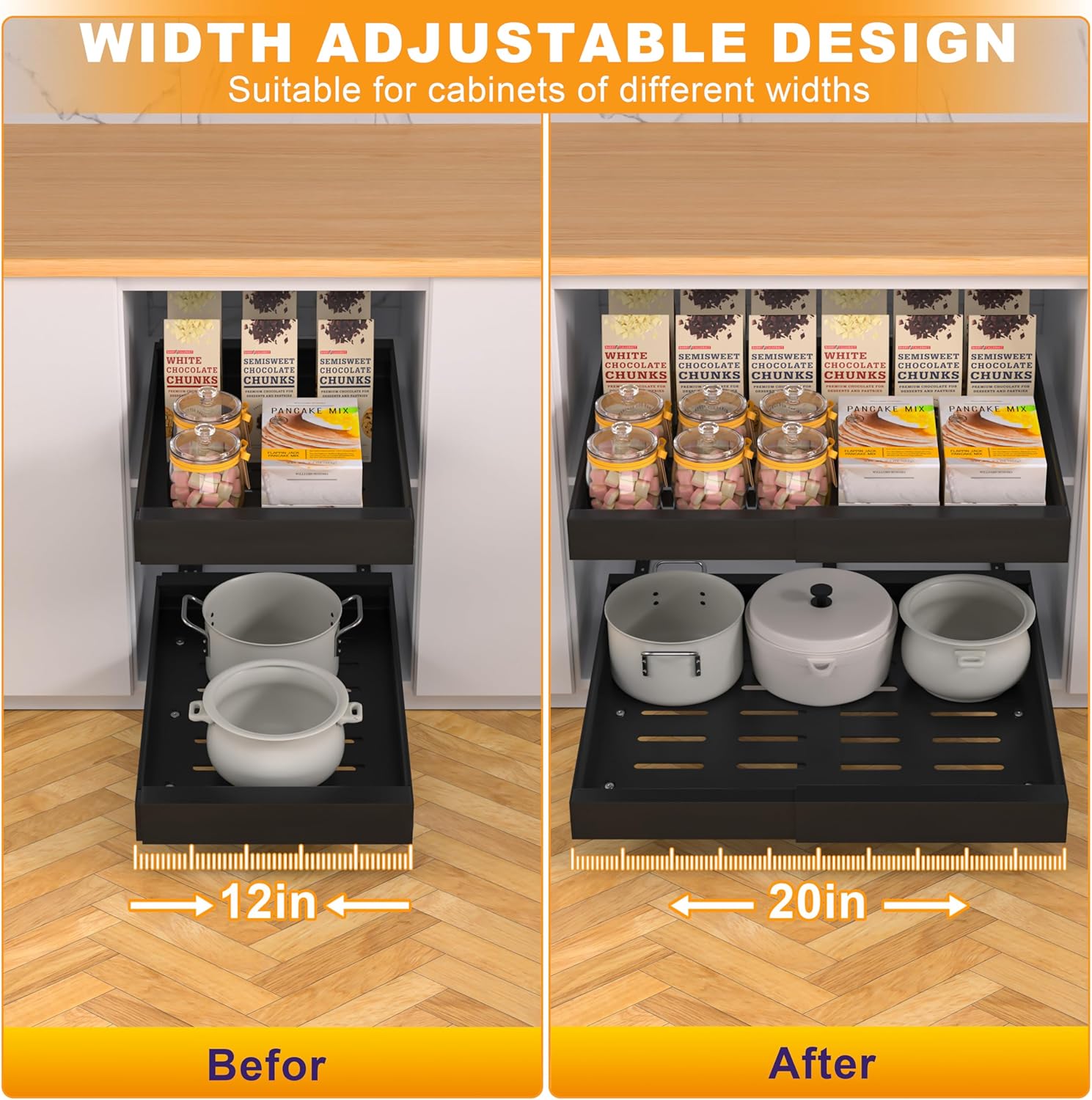 2 PACK Pull Out Cabinet Organizer 21" DEEP|Metal Heavy Duty Slide Out Drawers Fixed with Nano Adhesive Film|Multifunctional Drawer Organizers For Kitchen/Pantry Cabinets(Black, 21''DEEP/12-20"Width)