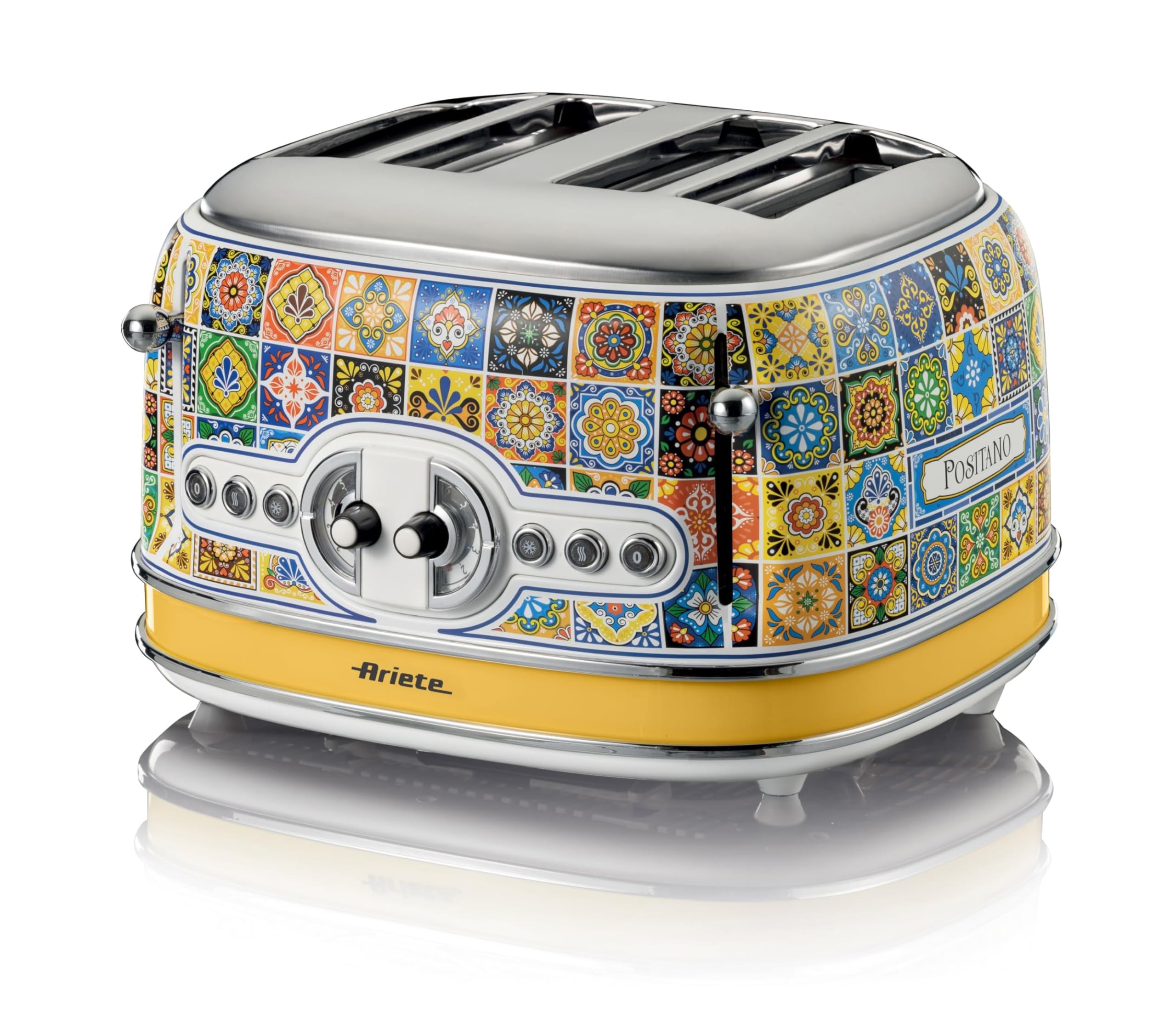 Ariete Toaster 156 Positano, Style Méditerranéen, 4 Fentes, 6 Niveaux de Brunissement avec Ejection Automatique, Bac à Miettes, Fonctions de Grillage, Chauffage et Décongélation, 1630W