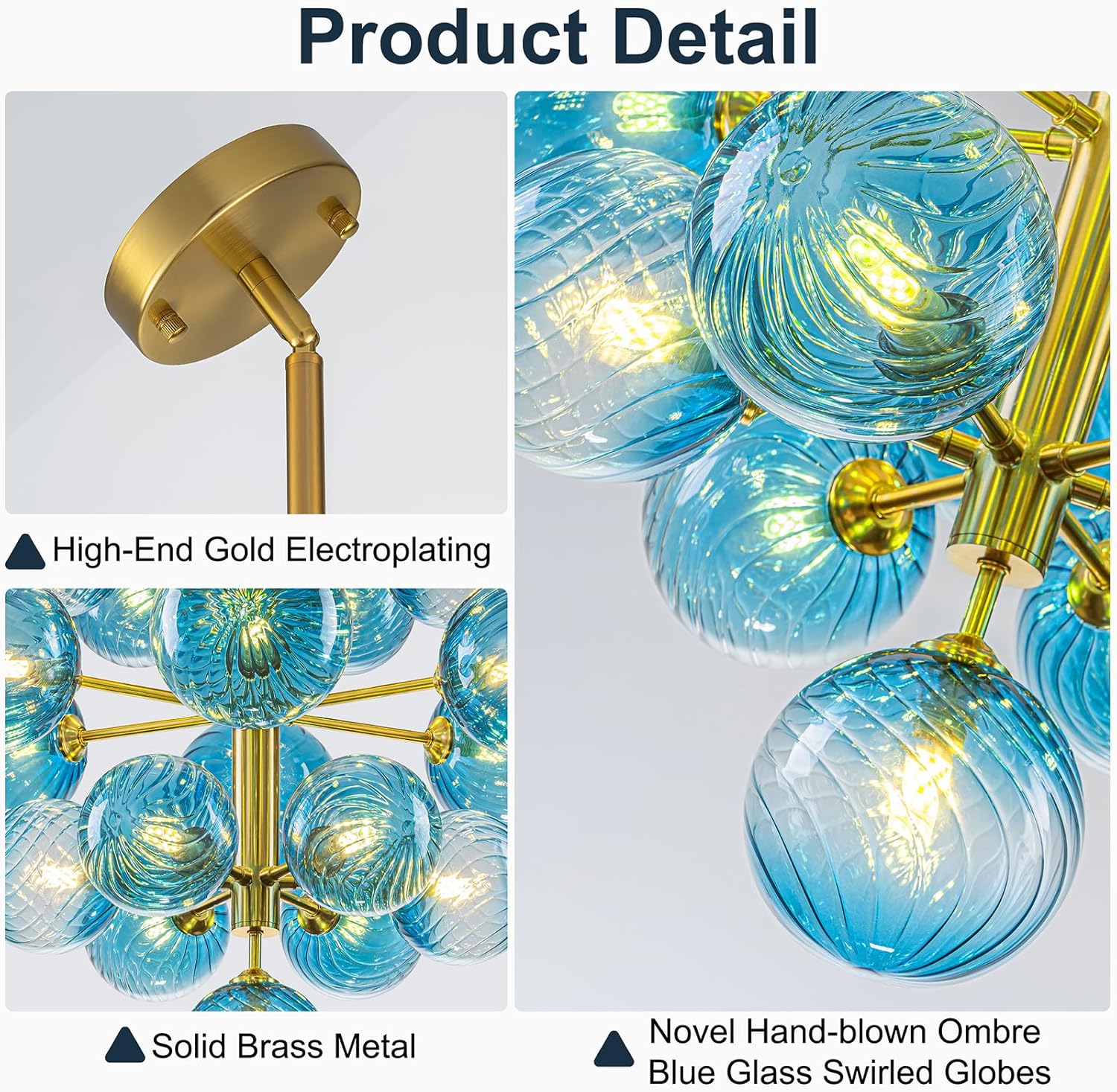 Alynzee 19-Light Blue Bubble Chandelier with Hand Blown Swirled Glass Ball Globes, 24" Brass Gold Chandeliers for Dining Room Light Fixture, Mid Century Modern Sputnik Chandelier Bubble Pendant Light