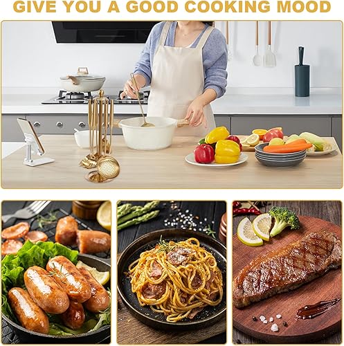 Miniatura 5 de Juego de utensilios de cocina dorados, 7 herramientas de cocina de acero inoxidable 304 con cuchara ranurada, espátula ranurada, cuchara de arroz,