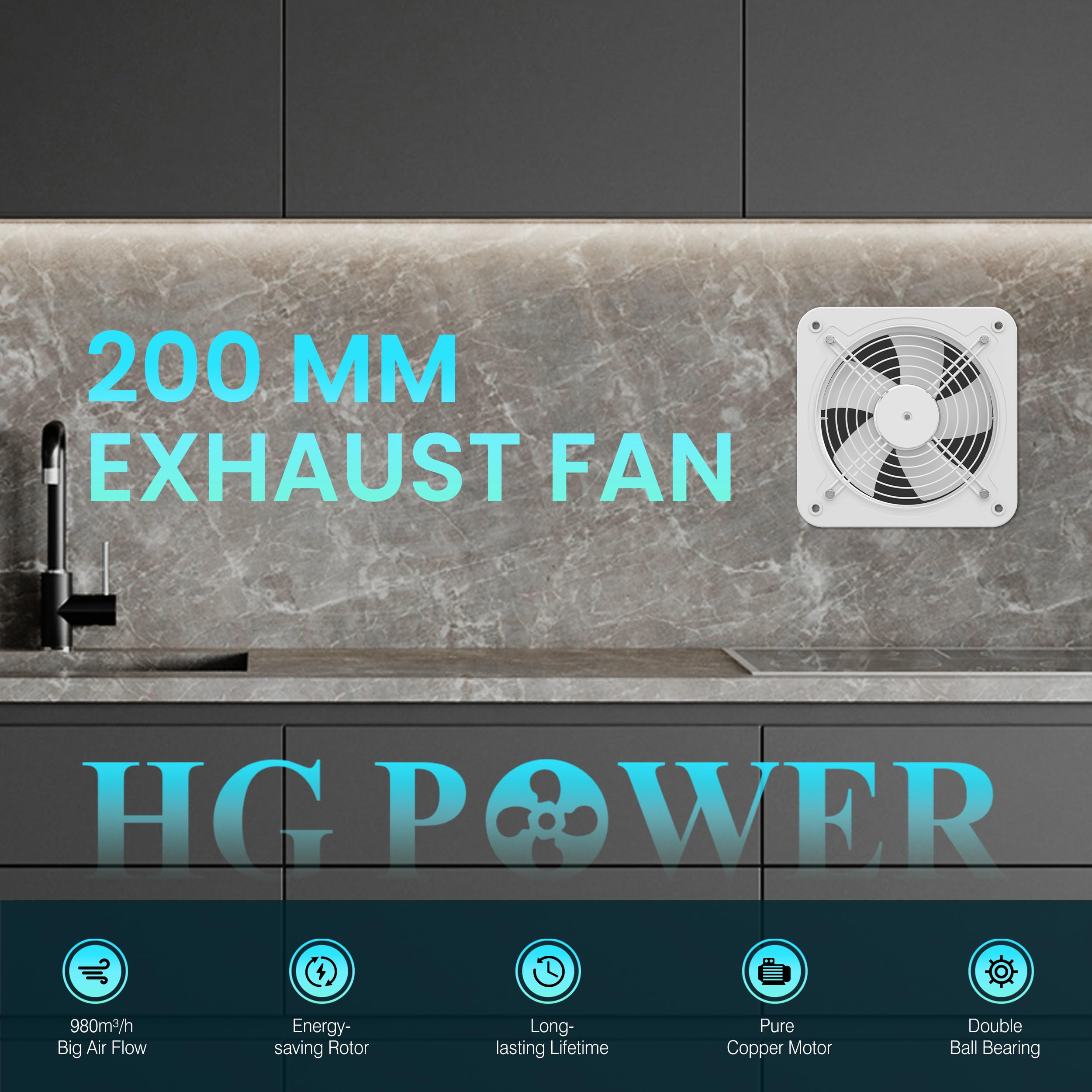 HG Power Ventola Aspirazione 200mm - Ventola Bagno Silenziosa con Valvola di non ritorno, Regolatore di velocità, Spina, Aspiratore Industriale per Cucina Garage Seminterrato, A-Bianco