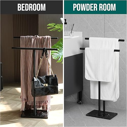 Miniatura 5 de Toallero independiente para baño - Acabado negro mate - Toallero de acero inoxidable de 2 niveles para piso de baño con base de mármol pesado -