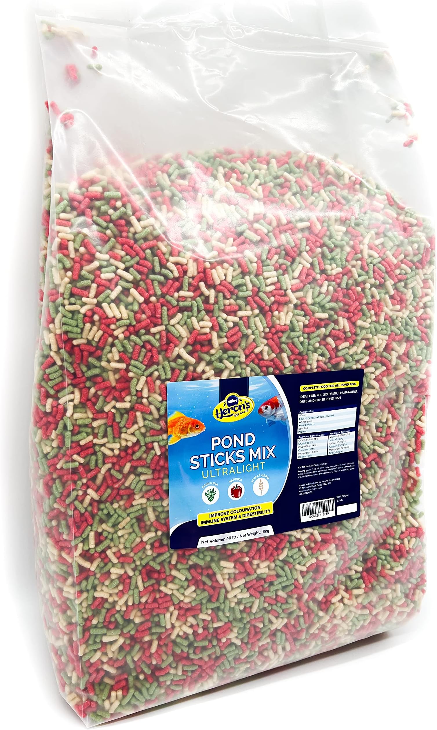 HERONS - Pond Sticks Mix Ultralight 40L - Floating Sticks for Koi, Carp and Coldwater Fish - Immune System Boost - With Spirulina and Paprika - Complete Feed for Pond Fish - 3 KG