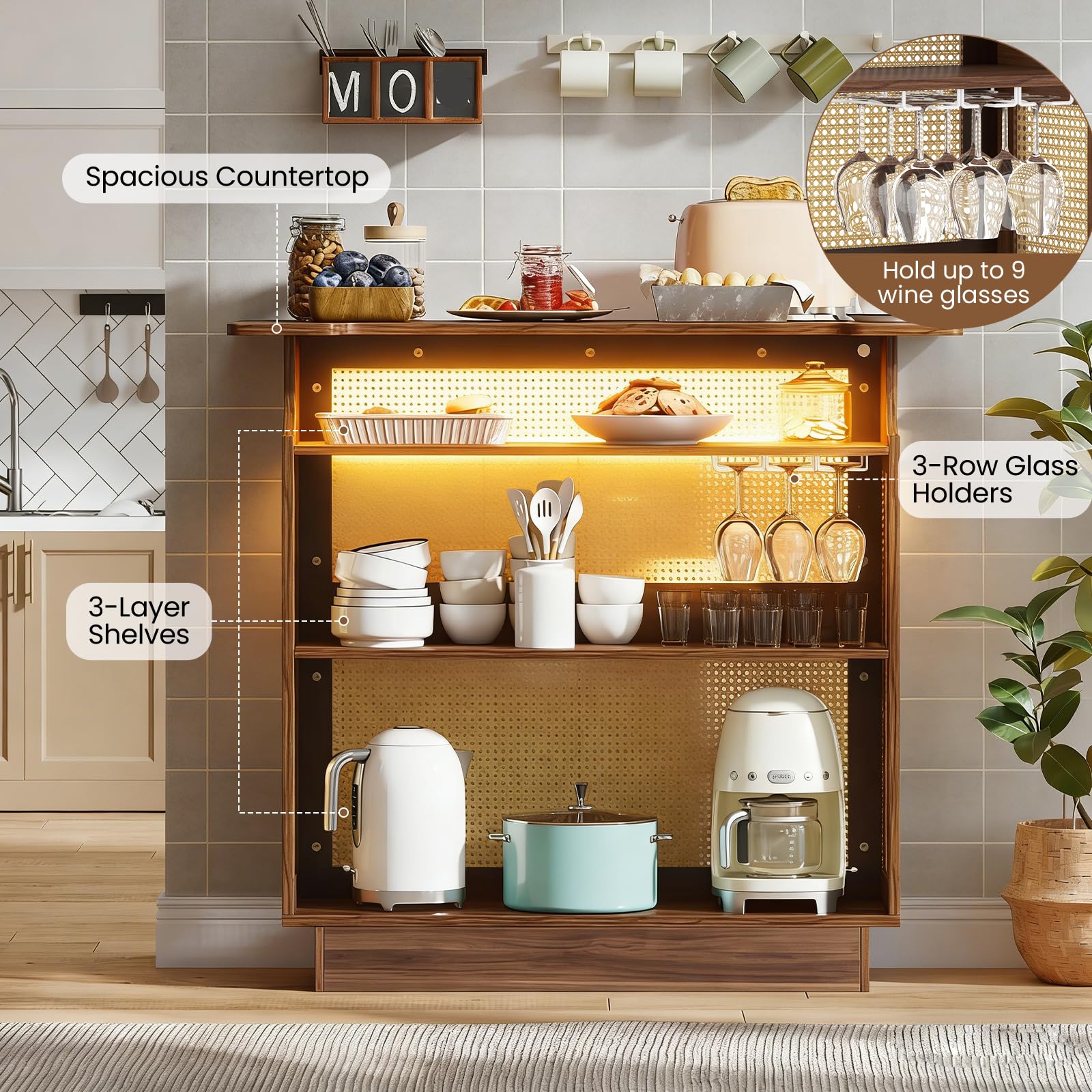 LIFEZEAL Bartisch Holz, Hausbar Theke Bar mit LED-Beleuchtung, Küchenregal Rattan mit Gläserhalter & Regal, Bistrotisch Stehtisch Bartresen Industrie-Design, 55 x 120 x 110 cm