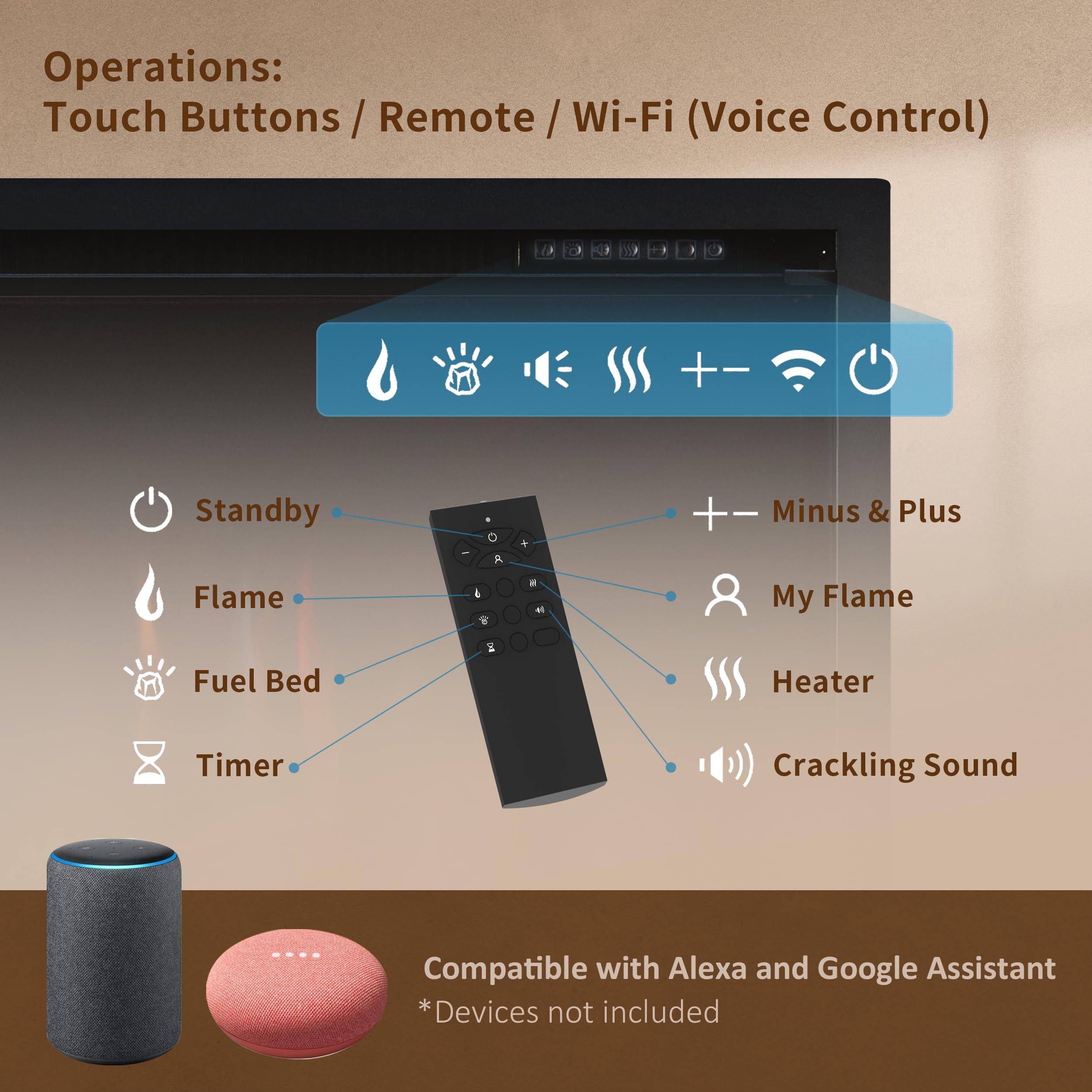 PuraFlame Herman 36 Inch Smart Linear Electric Fireplace - Premium Flame with 9 Colors, Clean Design, Recessed in-Wall or Wall-Mount or Free Standing, Compatible with Alexa and Google Assistant