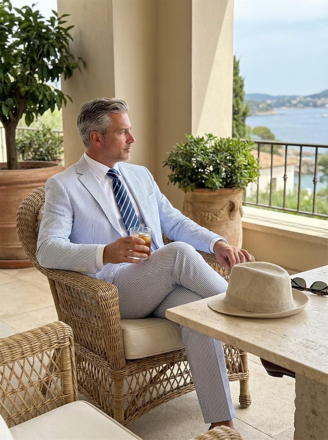 Wehilion Mens Seersucker Suits 2 Piece Casual Summer Beach Men Suits Wedding Grooms Jacket Pants Striped Suit Set - Image 7