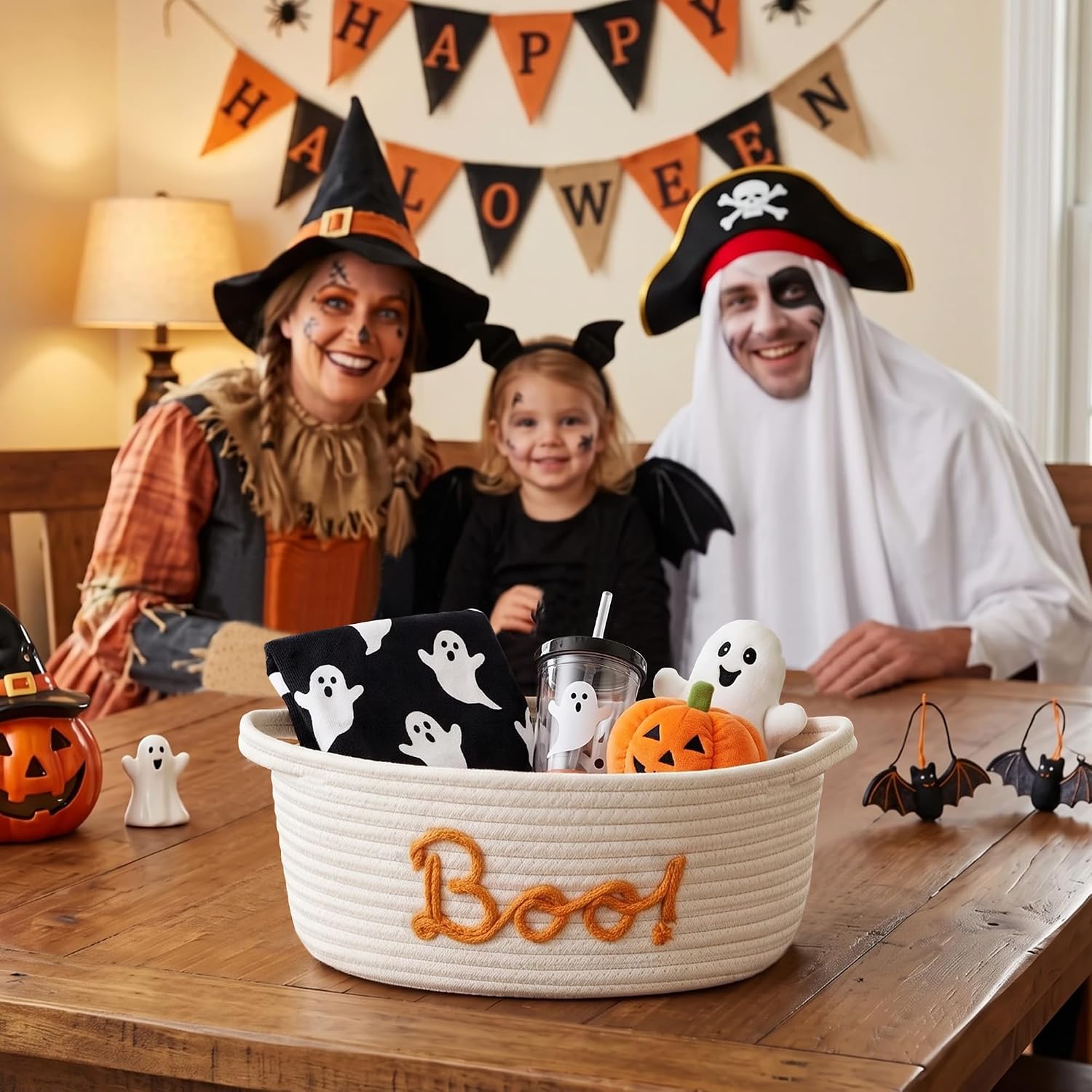 MEGASKET Boo Basket for Halloween, 13" x 9" x 5" Small Woven Cotton Rope Basket with Handles, Orange Rope "Boo!" Design, Empty Gift Basket for Candy, Treats, Halloween Spooky Boo Bin for Adults Men
