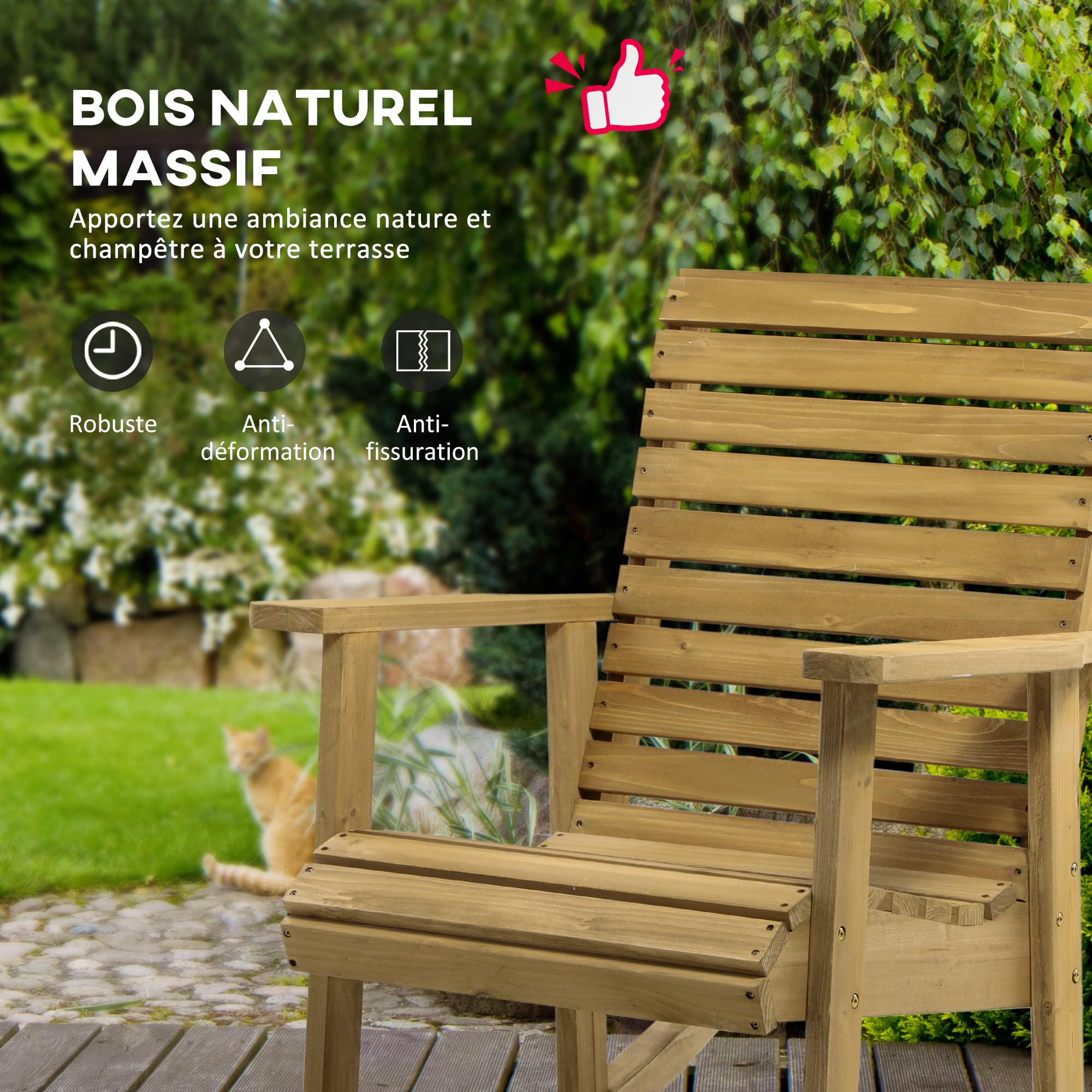 Outsunny Fauteuil à Bascule Rocking Chair d'extérieur Jardin en Bois Massif - 64 x 86 x 85 cm Marron