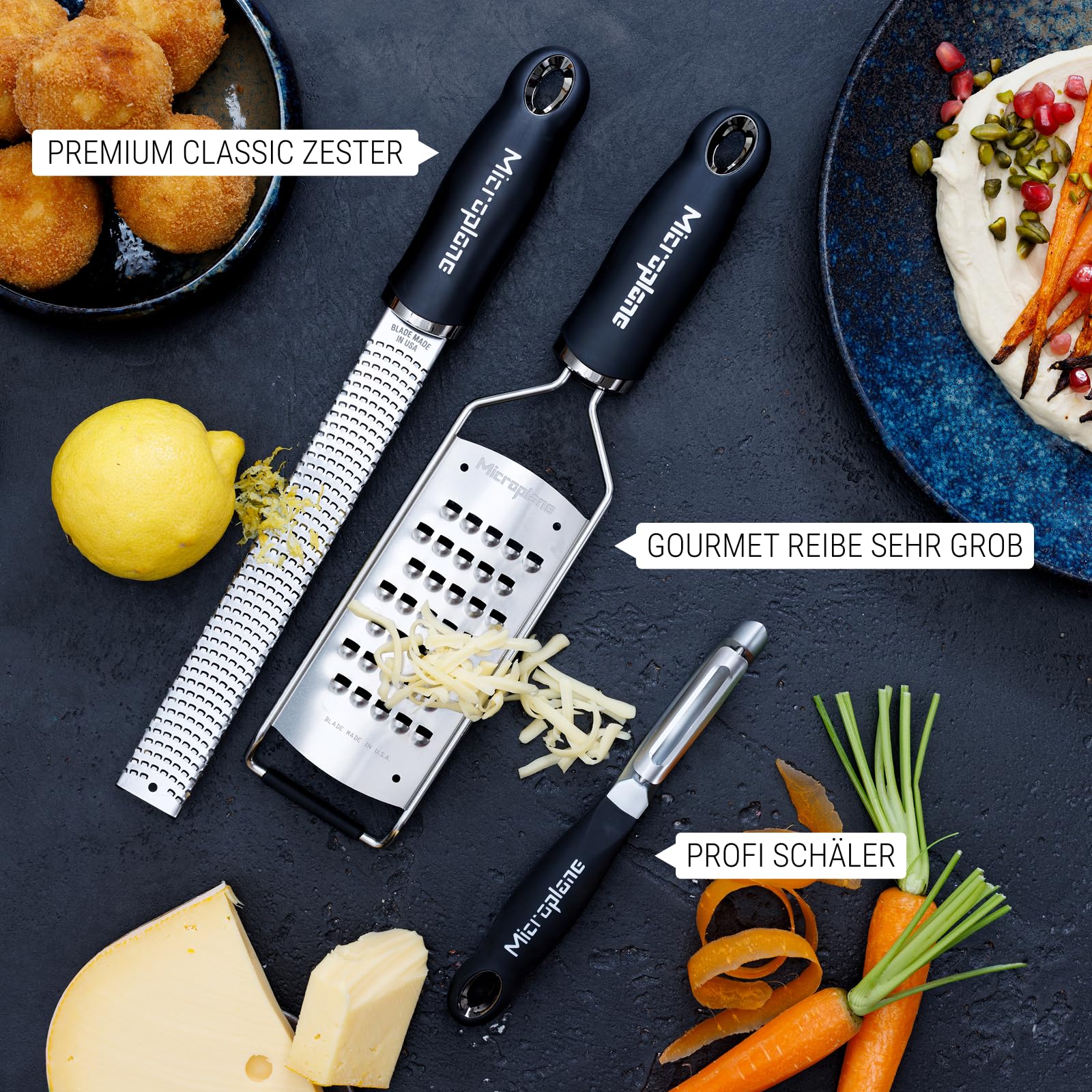 Microplane Gourmet Küchenreibe Set 3-teilig – Premium Zester, Reibe sehr grob & Gemüseschäler | Edelstahl, ultrascharfe Klingen, rutschfester Soft-Touch-Griff, Profi Küchenhelfer