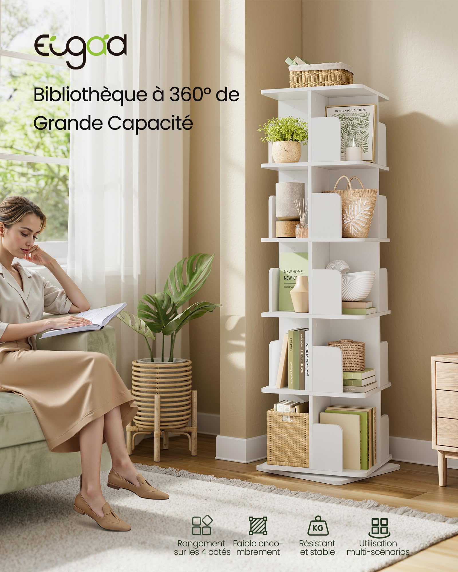 EUGAD Obrotowy regał na książki 5 poziomów 360° 40 x 155 x 40 cm biały