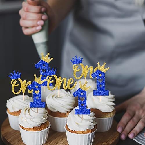 Miniatura 4 de Paquete de 24 adornos para magdalenas de primer cumpleaños, con purpurina, una corona, corazón, para cupcakes, baby shower, primer cumpleaños,