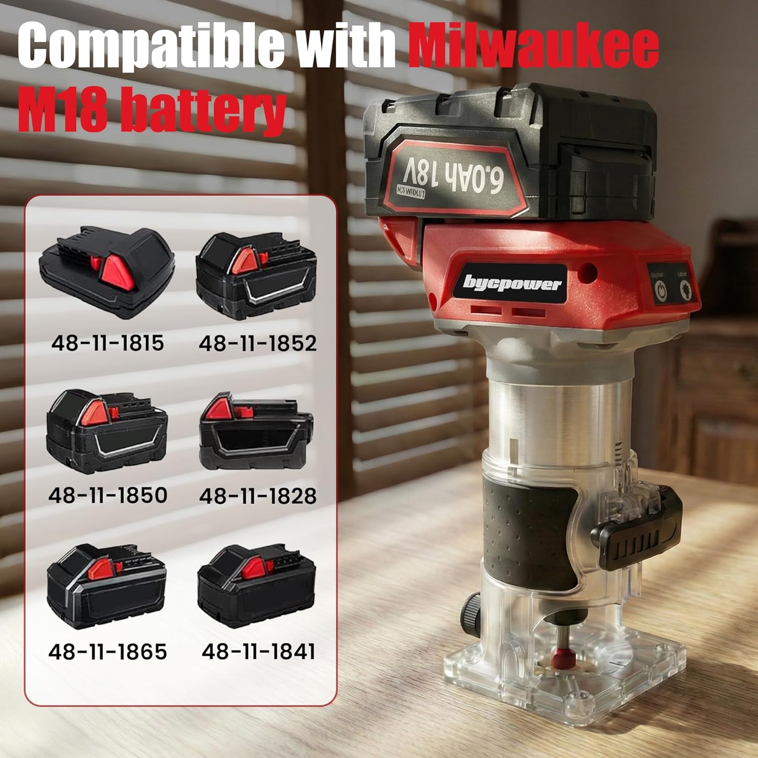 Cordless Palm Router, Wood Router Tool, Trimmer Compatible with Milwaukee M18 Battery, 6 Variable Speed with 30000RPM Brushless Motor, LED Light, with 15pcs Bits for Woodworking (Tools only)