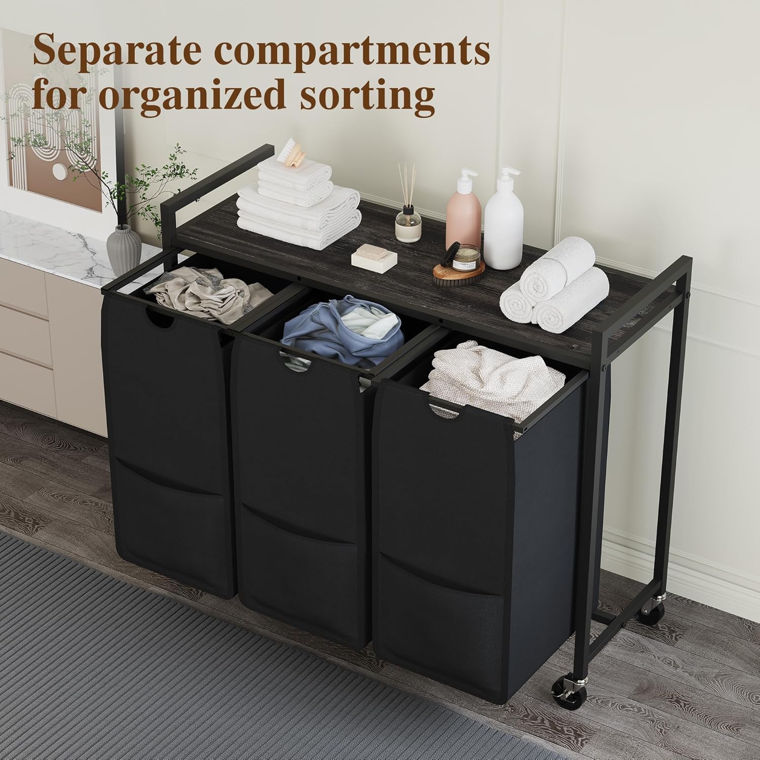 Laundry Sorter with Wheels & 100lb Top Shelf, Rolling 3 Section Removable Pull-Out Fabric Bags Hamper Basket, Sturdy Grey Black Iron Organizer for Room Organization