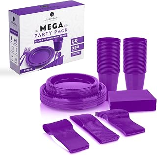 Grandipity Disposable Plastic Dinnerware Sets for Parties (350 pcs) | Purple 350 Disposable Dinnerware Set Plastic, Party Plates, Cups, Napkins, Forks, Knives & Spoons, Plastic Dinner Set