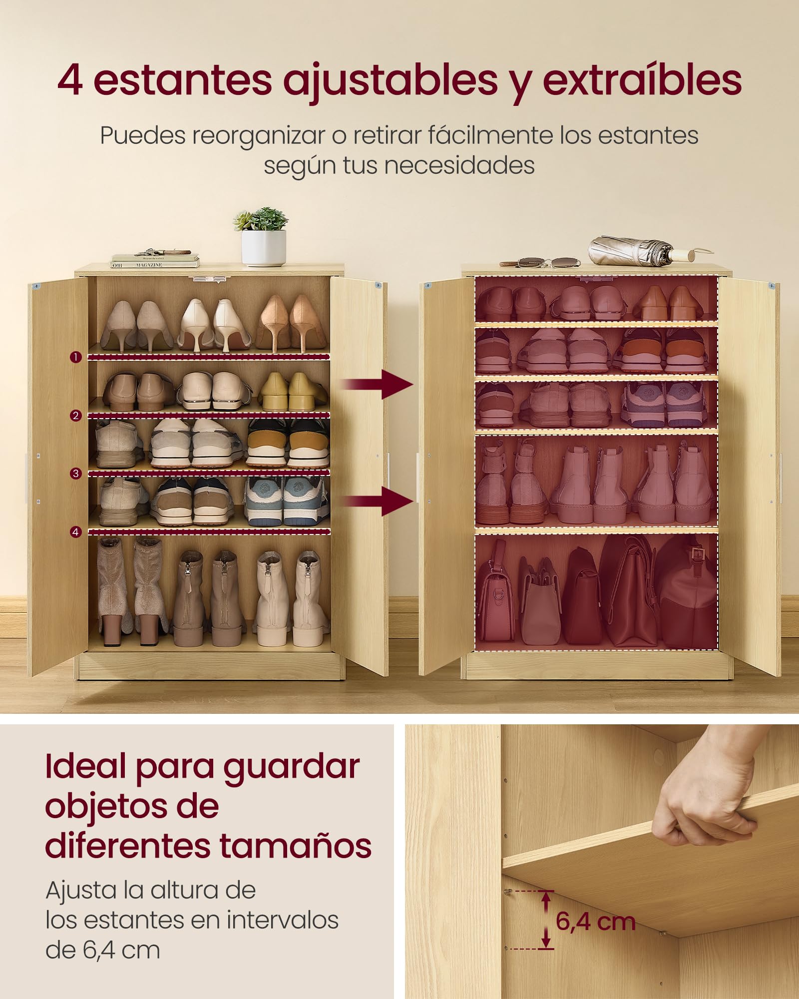 VASAGLE Zapatero Armario con Puertas, Mueble Zapatero de Entrada Moderno con Estantes Ajustables, Estrecho, 5 Estantes, para 12-15 Pares, 2 Puertas, Amarillo Almendra HSC501YJ01