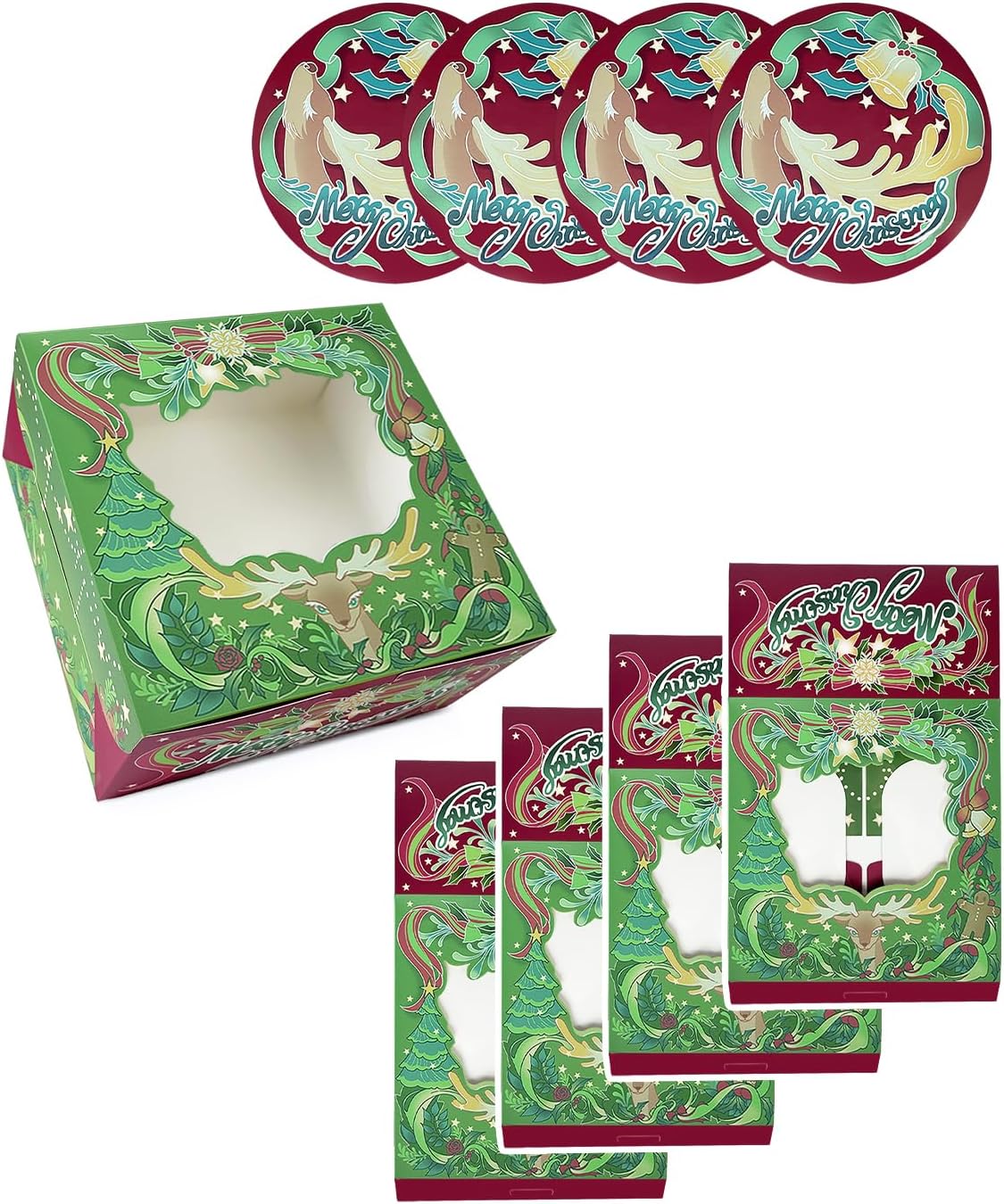 Bakepacker Christmas Cake Boxes with Window Green Deer 10x10x5 Bakery Box for Xmas Party Supply Cake Carrier Containers (4 Cake Boxes +4 Cake Boards Included)