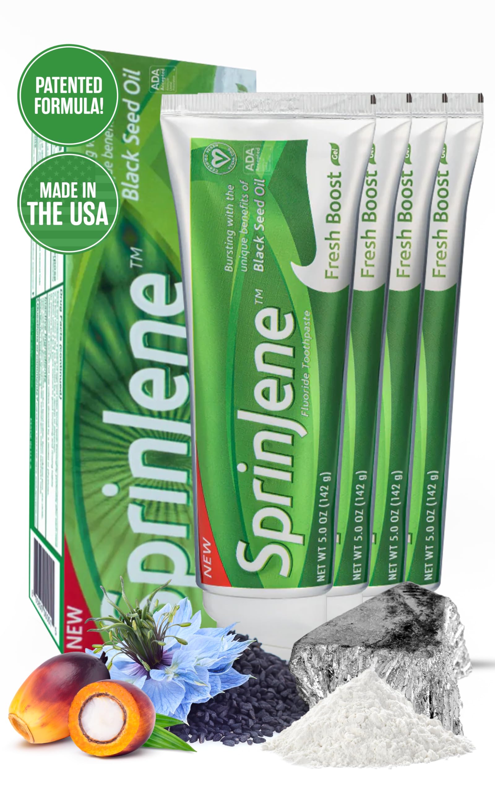 Sprinjene- Fresh Boost 5 Oz 4 Pack, Fluoride Toothpaste, Natural Toothpaste with Black Seed Oil, Zinc, Birch Xylitol, and Acacia Gum
