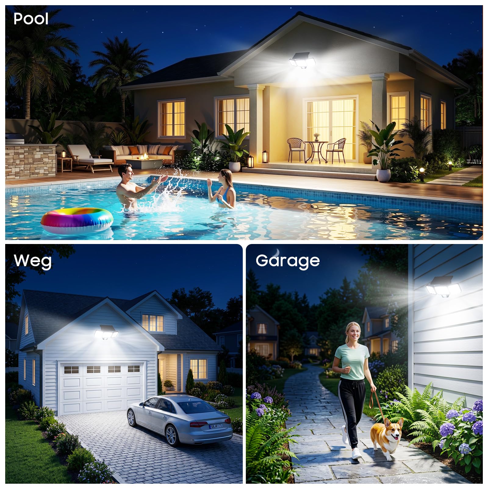 GEARLITE Solarlampen für Außen mit Bewegungsmelder 2 Stück, 4-in-1 LED Superhelle 3500LM Solarleuchte 3 Köpfe, 3 Modi, 270° Weitwinkelbeleuchtung, IP65 Wasserdicht Solar Wandleuchte für Garage Hof