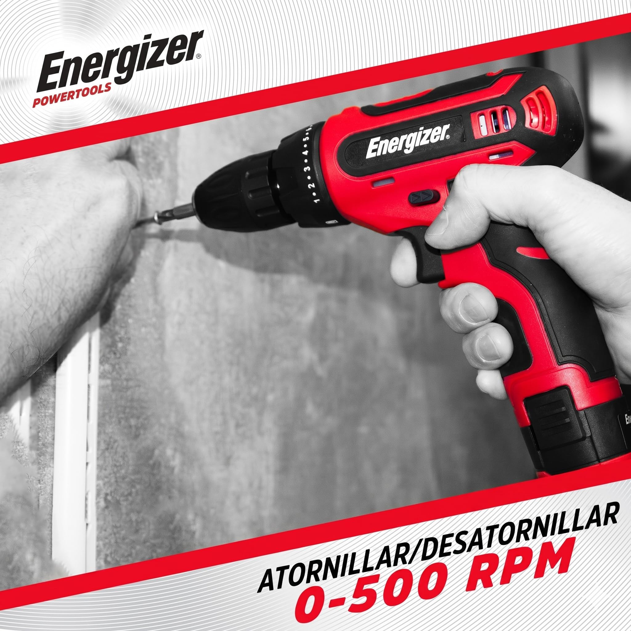 Destornillador inalámbrico Energizer de 12 V – Batería recargable integrada – 25 Nm – Mandril de 10 mm – Cable USB-A/USB-C de 1,5 m – Mango de agarre suave