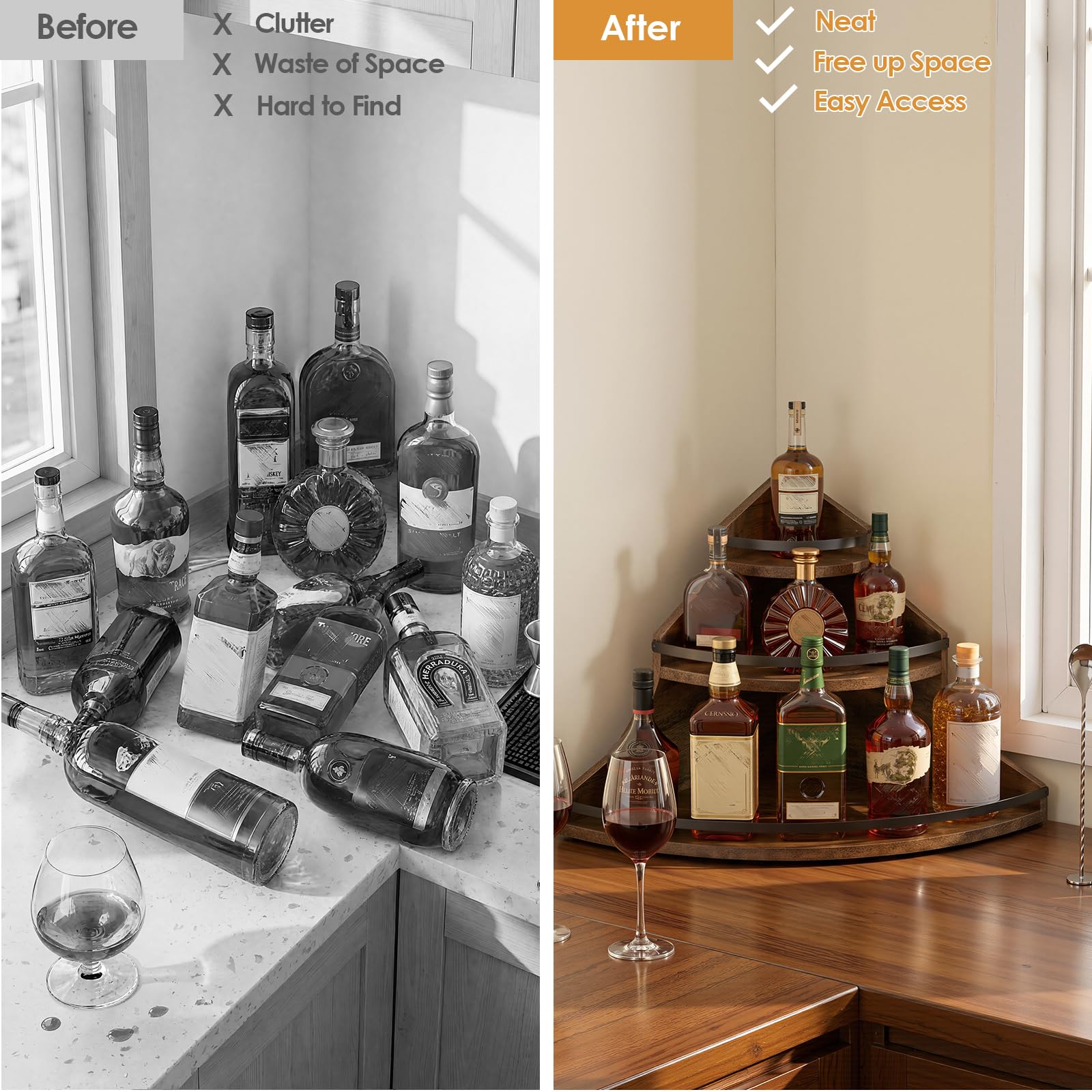 Nuovoware Étagère à 3 Niveaux pour Bouteilles d'alcool, Marron et Noir | Casier à vin de comptoir, meuble bar, étagère pour bar à café de cuisine
