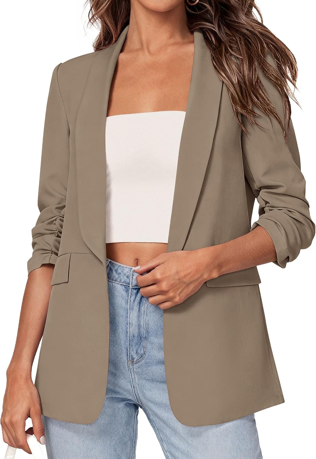 PRETTYGARDEN Women's 2026 Spring Blazers Business Casual Outfits Open Front Ruched 3/4 Sleeve Lightweight Work Suits Jackets