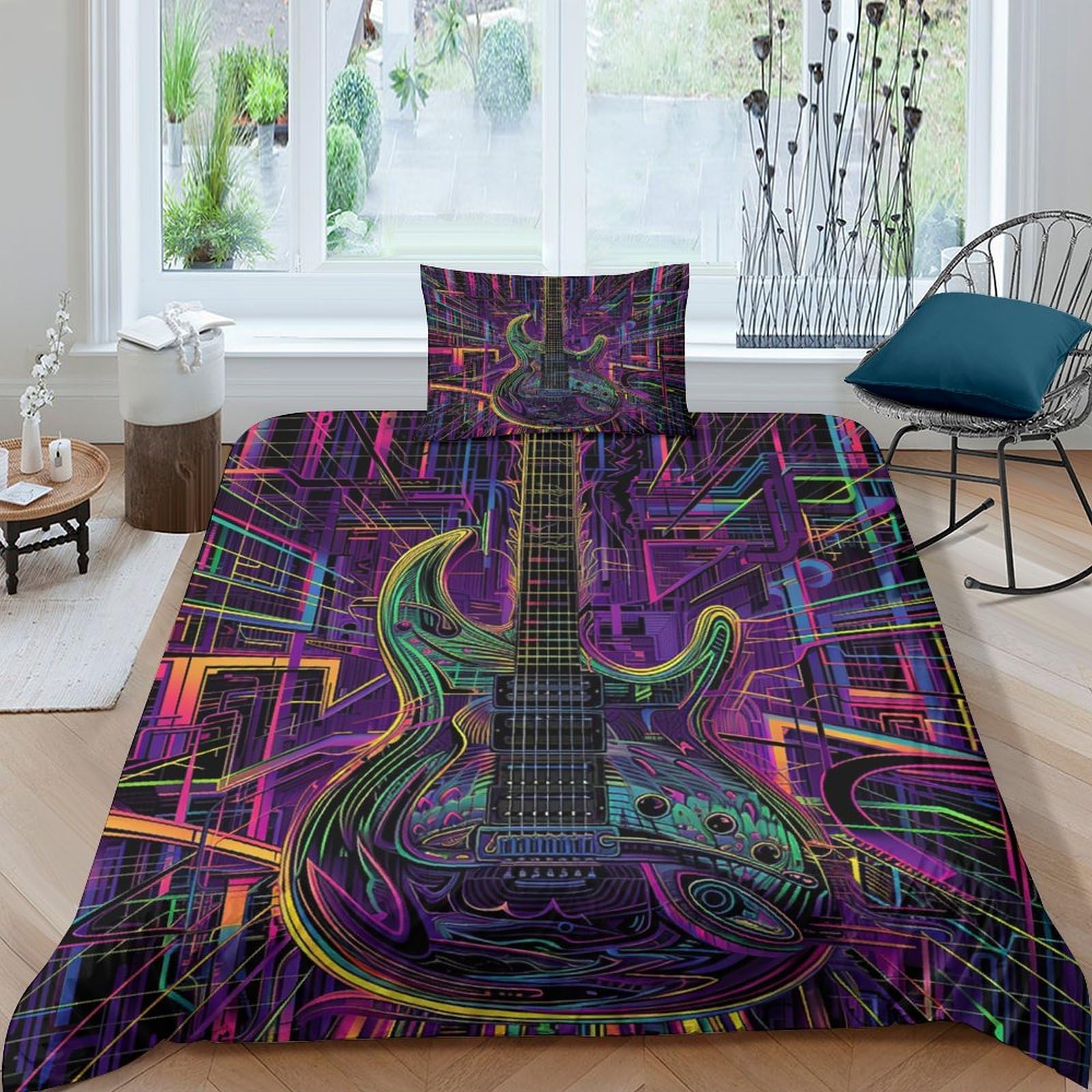 Housse de couette guitare 135x200 parée pour réveiller la déco d'une chambre ado