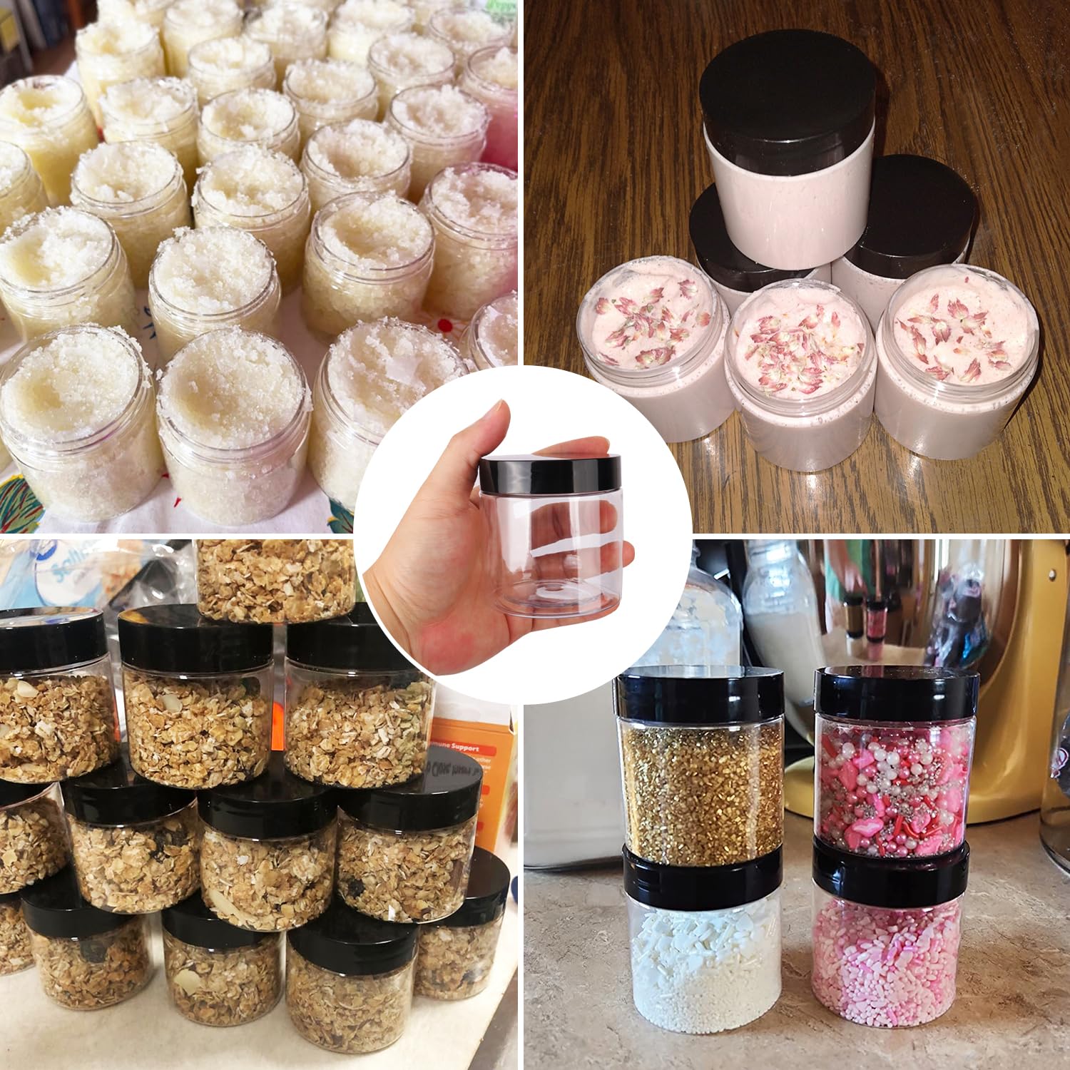 Confezione da 48 barattoli in plastica trasparente da 170 g con coperchio nero, contenitori per burro per il corpo, contenitori per cosmetici, per ingredienti da cucina, perline, paillettes, lozioni