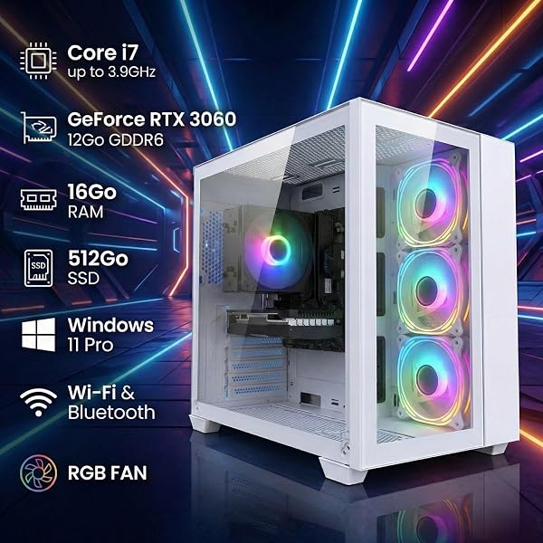 STGsivir PC Gamer Fixe, Ordinateur Gaming,GeForce RTX 3060 12Go GDDR6, Core i7 jusqu'à 3.9GHz,16Go RAM, 512Go SSD, WiFi 6, BT 5.0, Ventilateur RGB x3, Windows11 Pro - 2