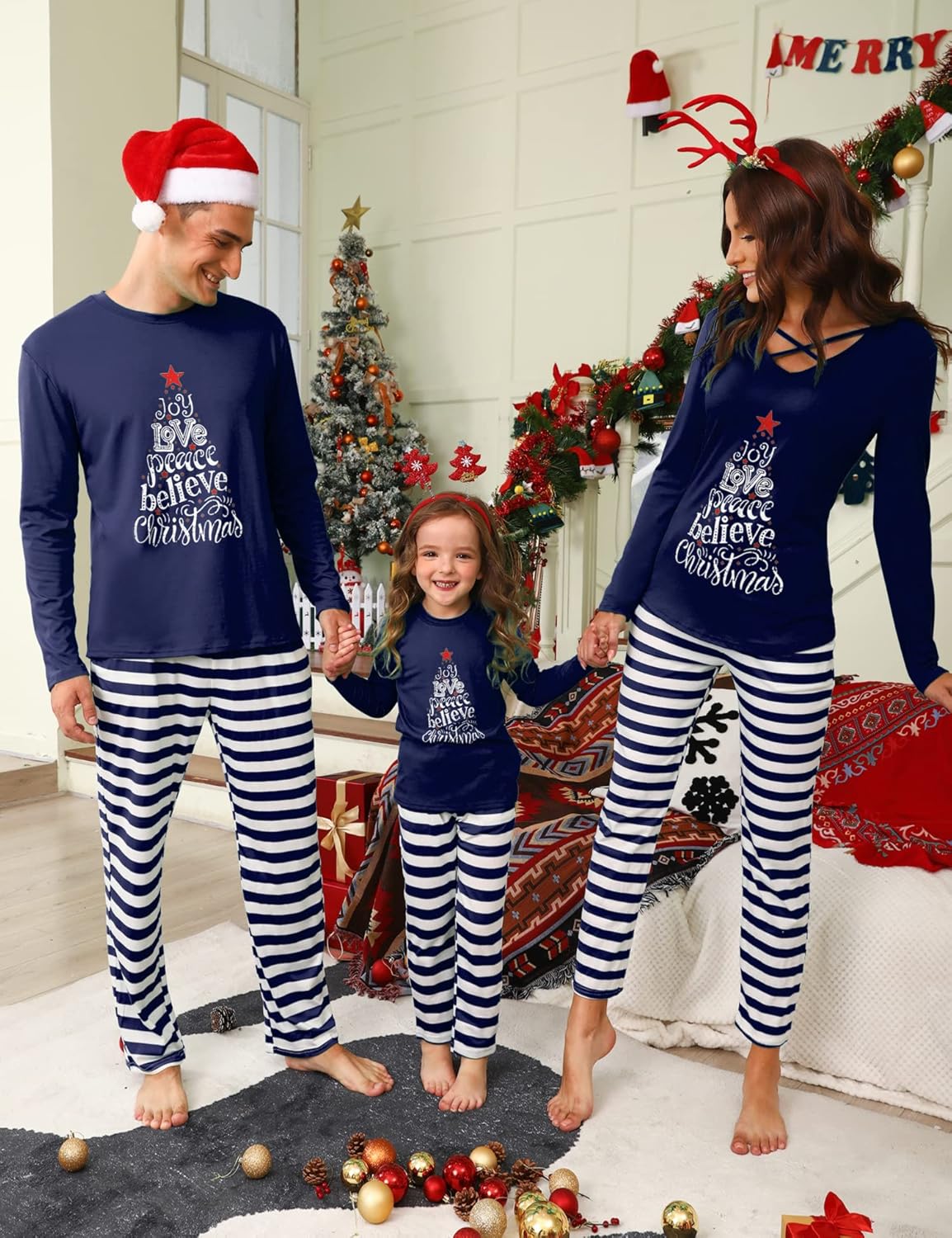iClosam マッチングファミリーパジャマセット ストライプ クリスマスパジャマ 寝間着 お父さん ママパジャマ, ネイビー, 2