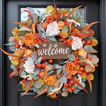 Fall Wreath for Front Door, 24 Inch Autumn Wreath with lambs Ear Leaves, Roses, Berries & Wooden Sign,Fall Decorations for Home, Artificial Flowers Harvest and Thanksgiving Indoor & Outdoor