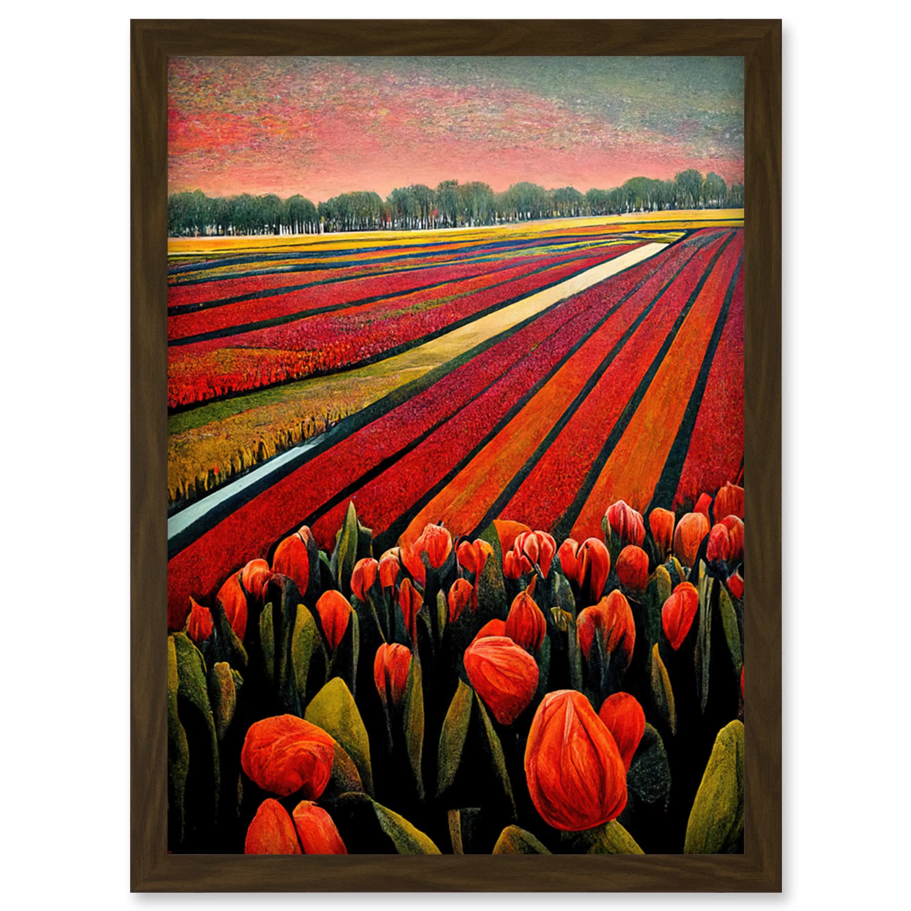 Doppelganger33 LTD Red Tulip Fields Of Holland Netherlands Modern Oil Artwork Framed Wall Art Print A4