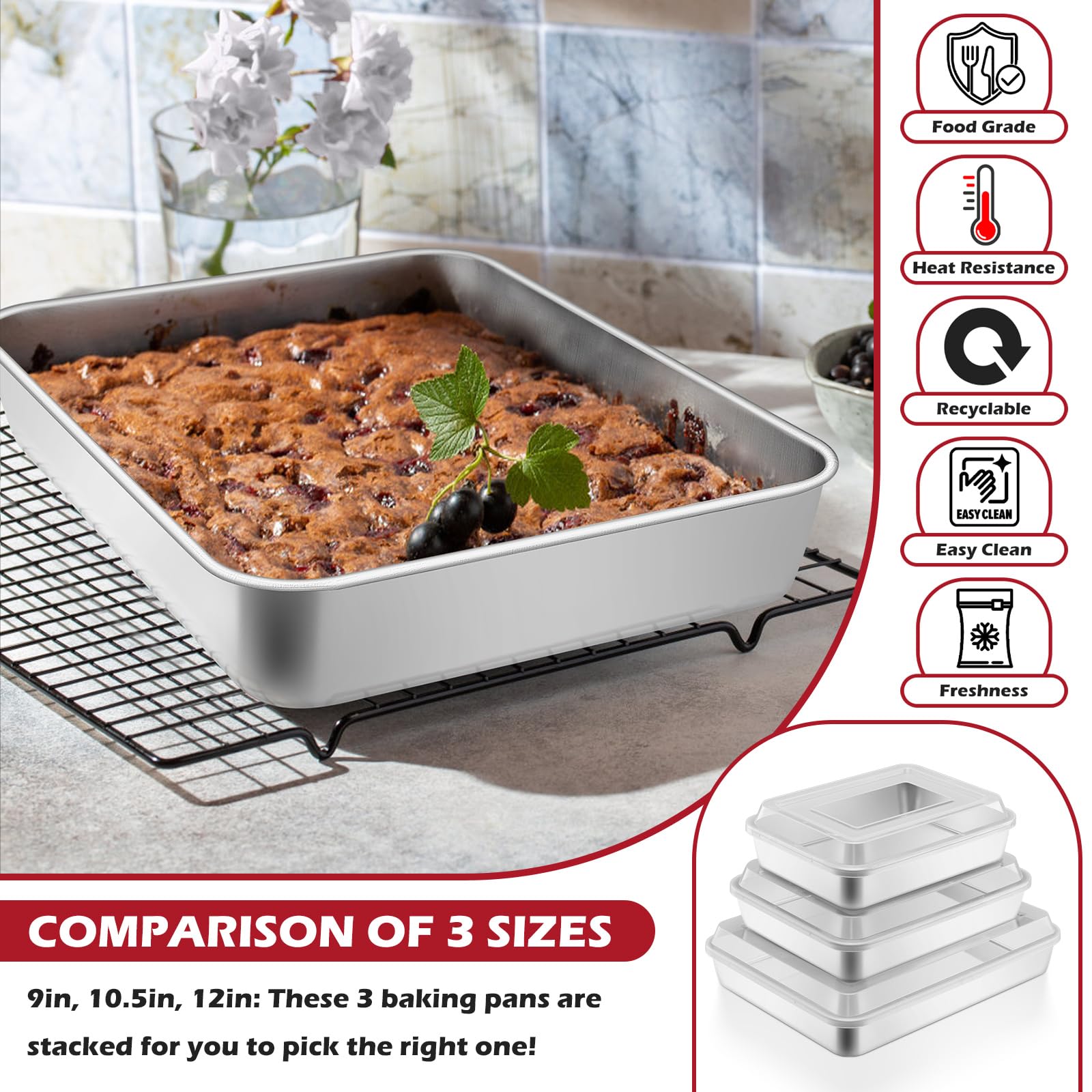 Leonyo Backform mit Deckel, 4er-Set, 30,5 x 24,9 x 5,1 cm, tiefe Edelstahl-Kuchenform zum Backen, rechteckiges Lasagneblech für Focaccia, Brot, Brownies, Aufläufe, Refrige & ofenfest