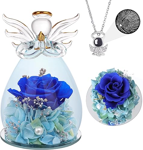 ANLUNOB - Regalos de ángel de cristal de 5.2 x 3.3 pulgadas con collar con texto "Te amo" en 100 idiomas, flores azul oscuro preservadas, regalos de