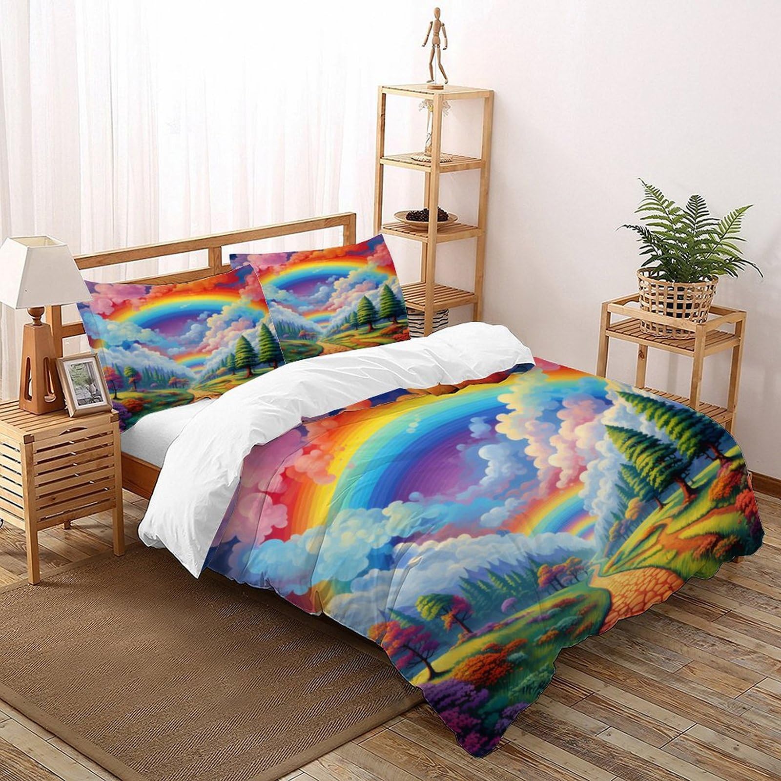 Housse de couette 200x200cm animaux 3D arc-en-ciel en microfibre souple avec sa taie d'oreiller