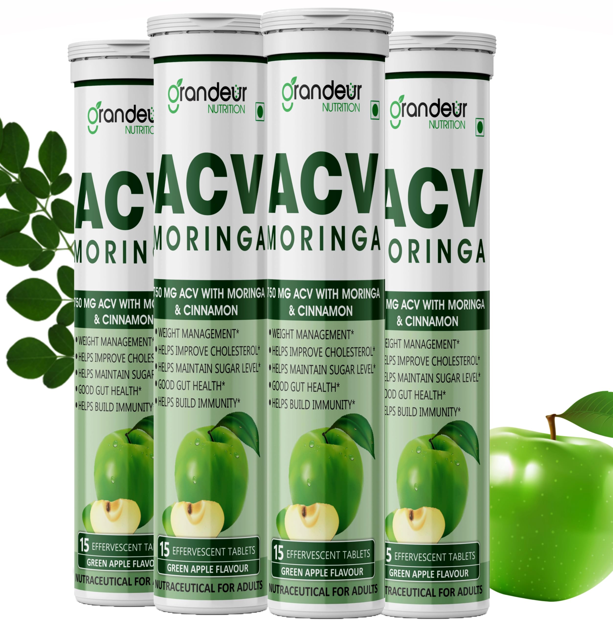 Grandeur Plant Based ACV Moringa, 60 Apple Cider Vinegar Tablets For Weight Management 750mg, With Cinnamon | Controls Cravings | No Added Sugar | Natural Energy Booster | Healthy Gut | Green Apple