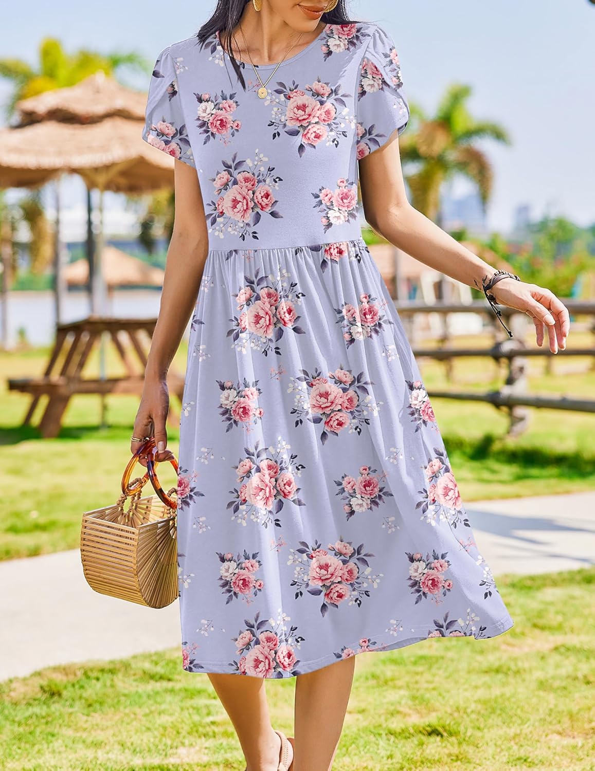Zeagoo Women Summer Short Sleeve Midi Dress with Pockets Casual Aline Flowy Tshirt Dress Floral Vocation Beach Sundress