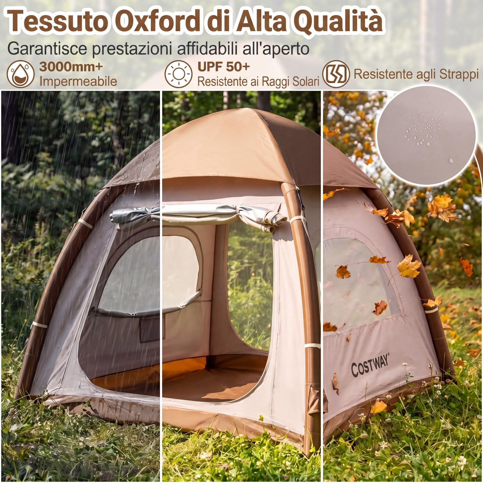 COSTWAY Tenda da Campeggio Gonfiabile per 4 Persone, Tenda da Spiaggia con Poma, 2 Porte, Lucernario e Finestre, in Tessuto Impermeabile, con Copertura Rimovibile e Borsa, 208 x 208 x 196 cm
