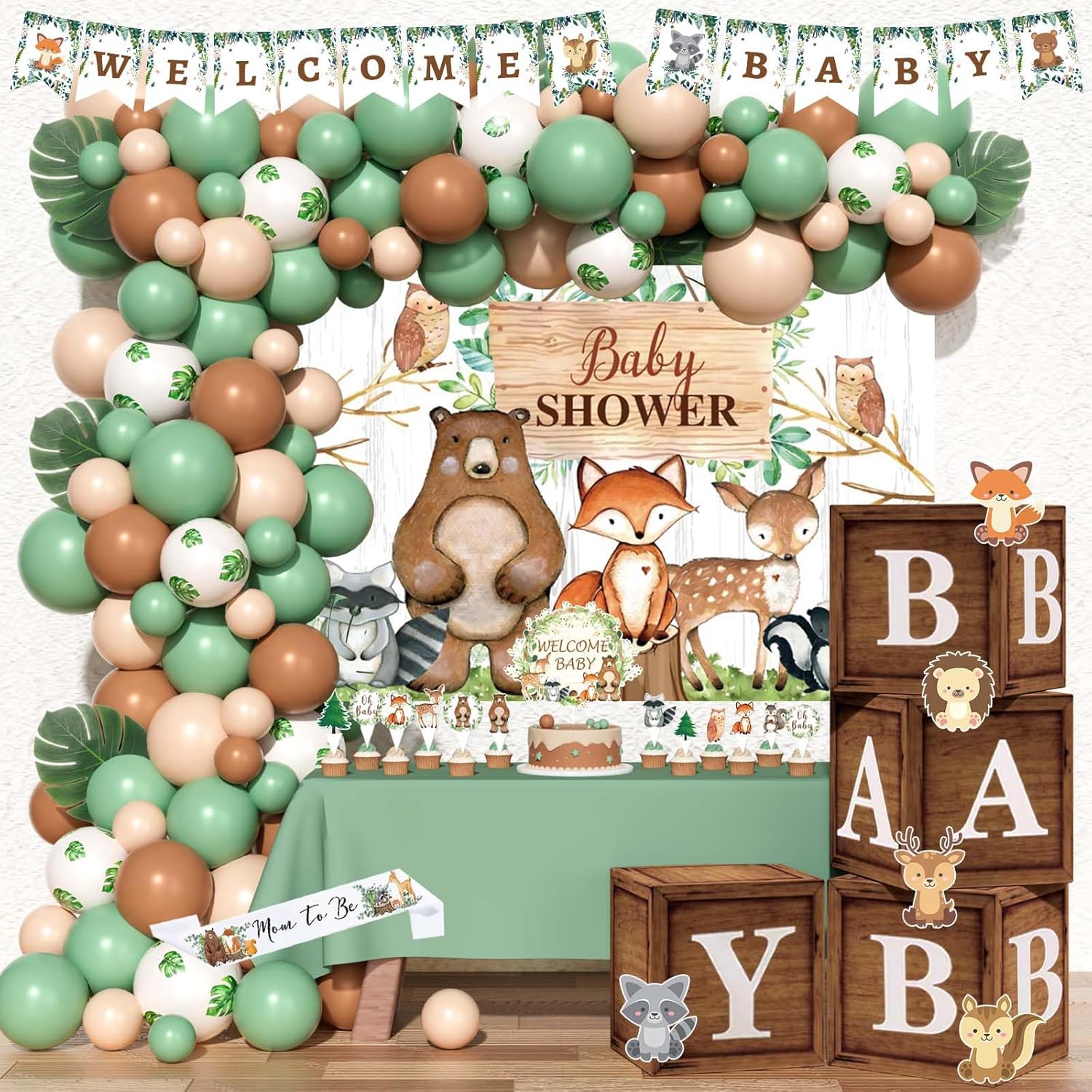 Hombae Woodland Baby Shower Decorations, Forest Neutral Baby Shower Party Decorations, Safari Animal Backdrop Balloons Banner Box Leaves Cake Topper Sash for Gender Reveal Party Supplies