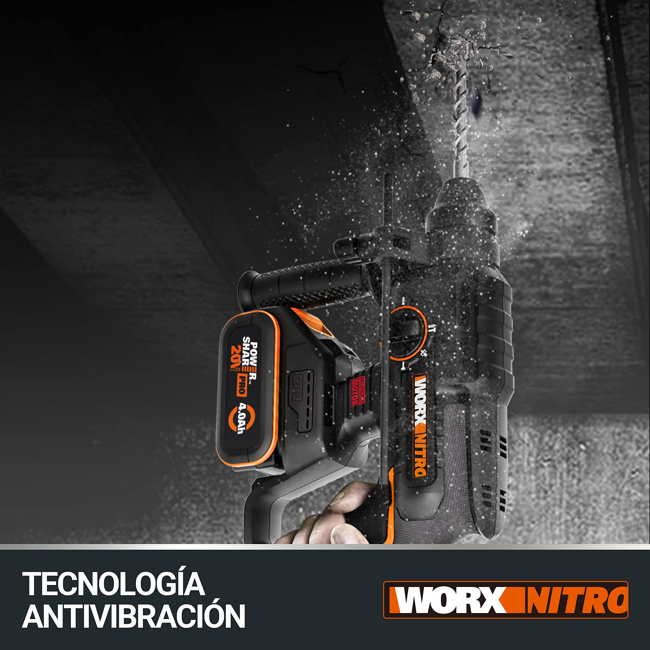 Worx WX381 Martillo Perforador Brushless 20V 2J Batería 4Ah