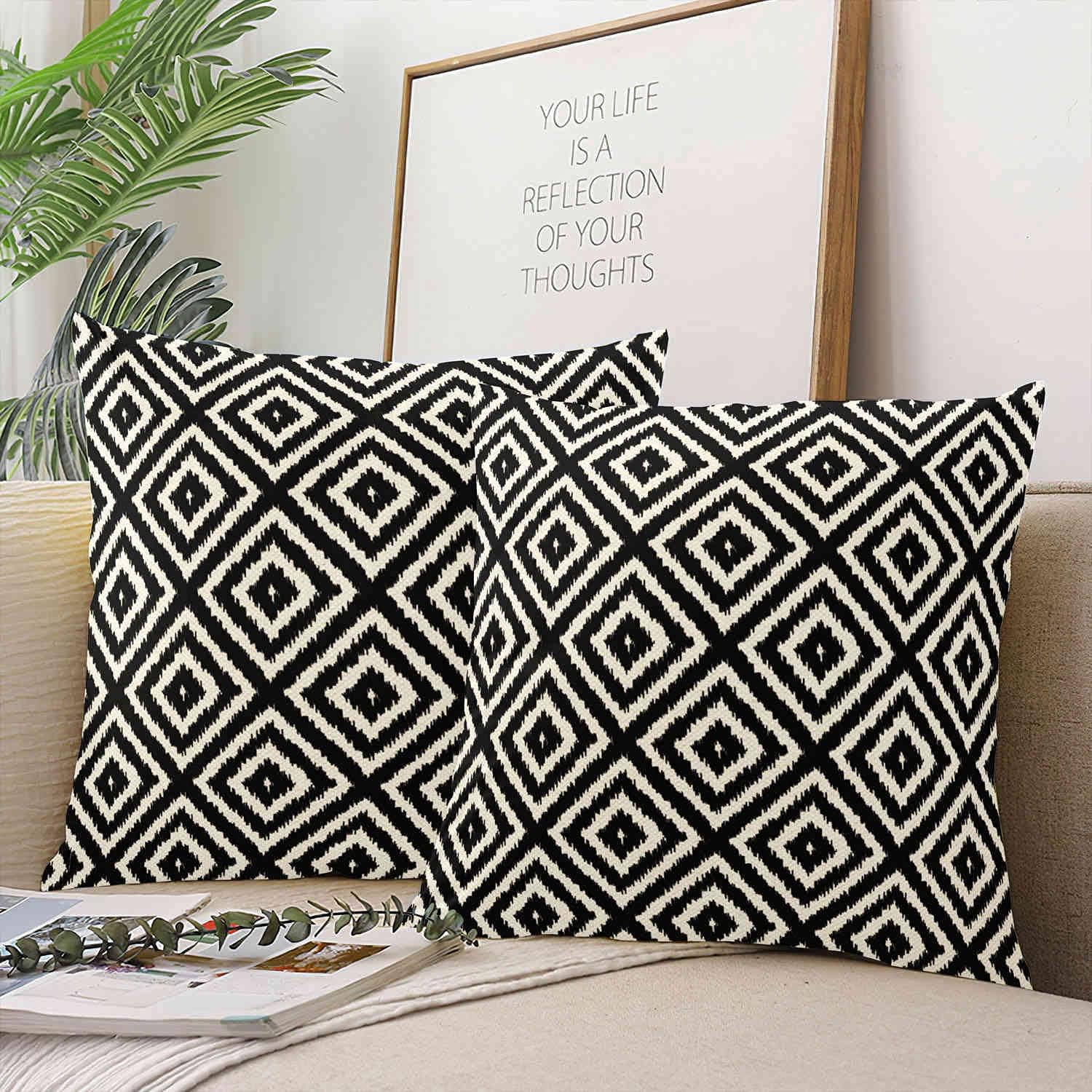 Plush Square Ikat Diamond Pattern in Black and Cream Hidden Zipper Home Sofa Decorative Set of 2 Throw Pillow Cover Cushion Case 26X26 Inch Design Printed Pillowcase