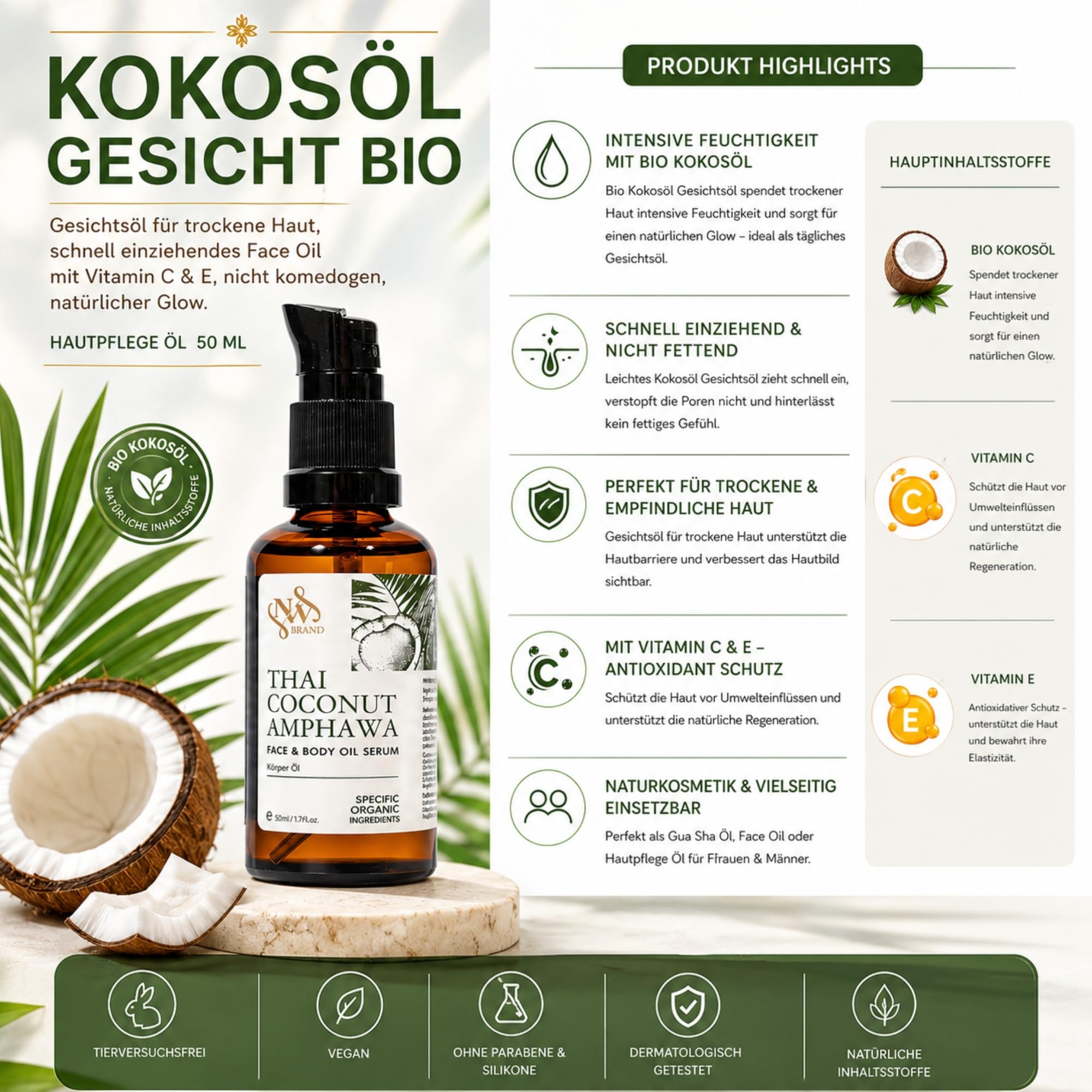 Körperöl für trockene Haut | mit MCT-Kokosöl, Vitamin C und E | schnell einziehend 1 Liter